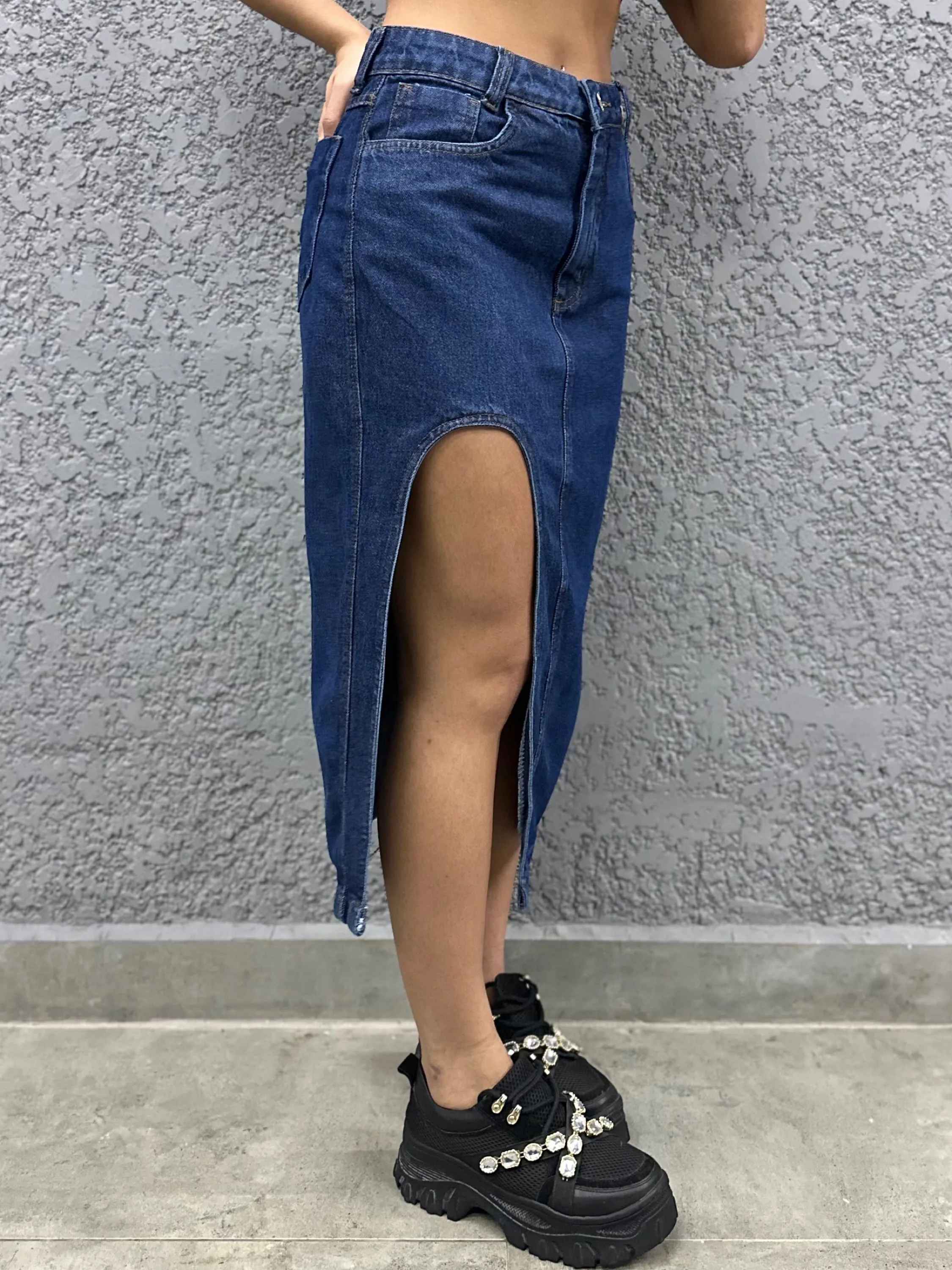 Saia jeans saia midi com Fenda lateral na coxa