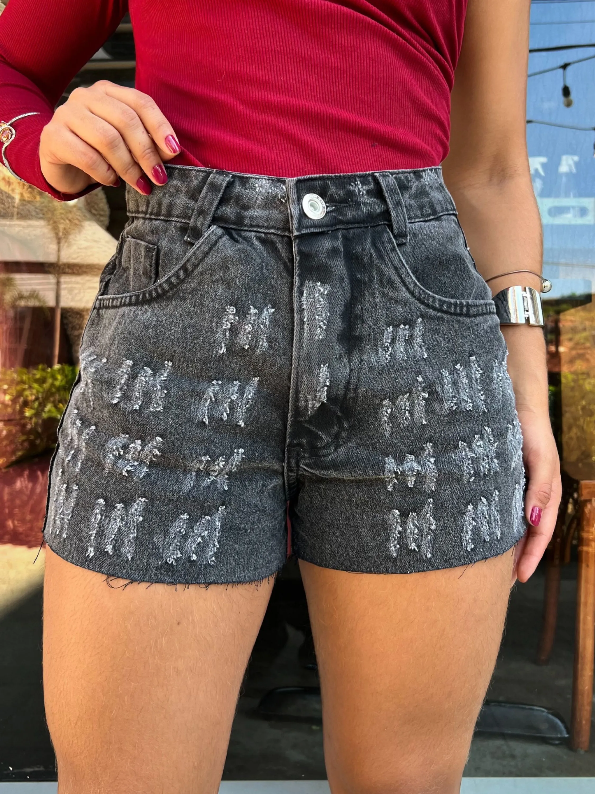 061-Shorts jeans rasgada citura alto sem lycra short laser