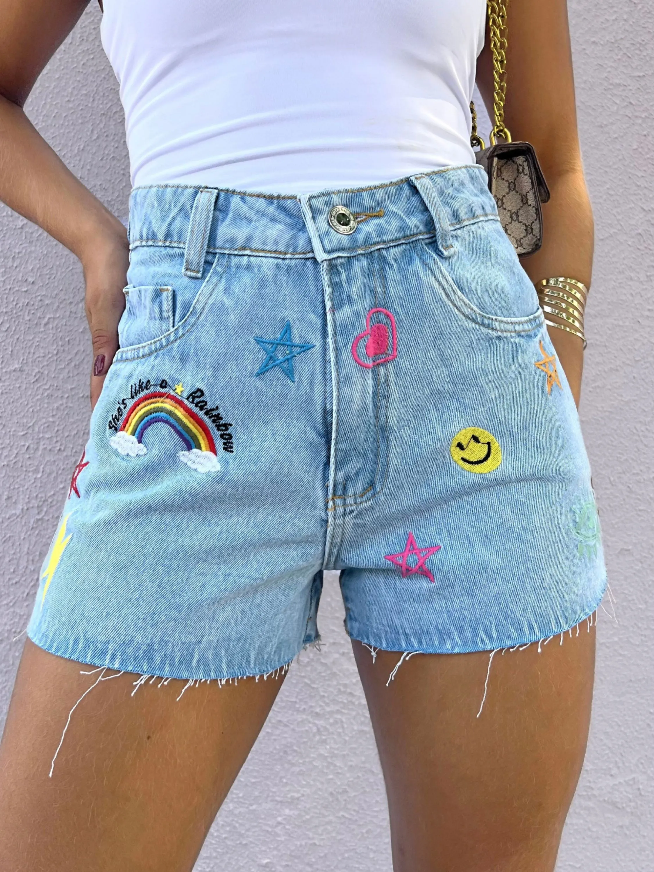 202-Short Jeans Shorts bordados citura alto moda femininas