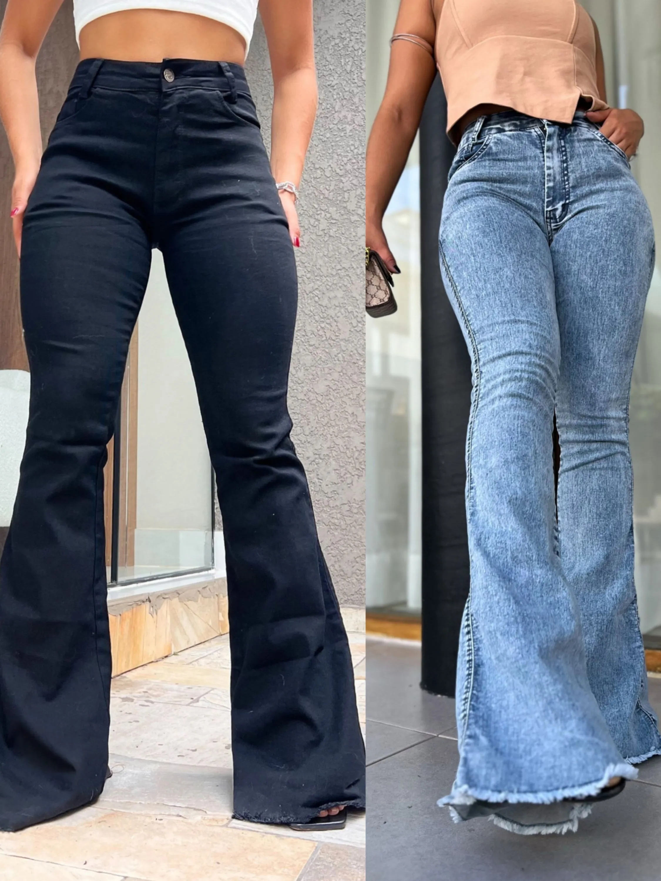 0029-Calça flare cintura alto com lycra femoninos moda
