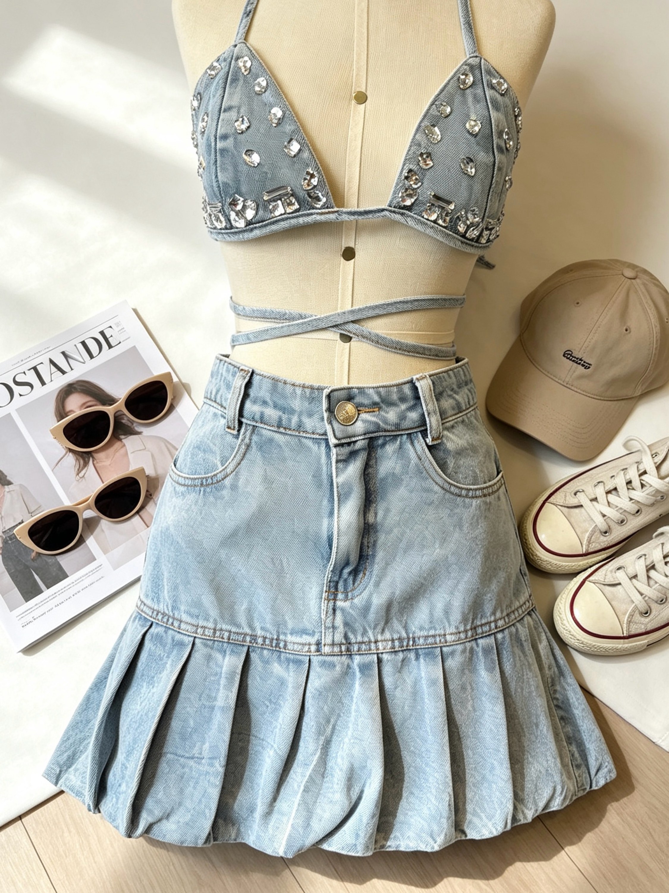 330-Saia Jeans plissada