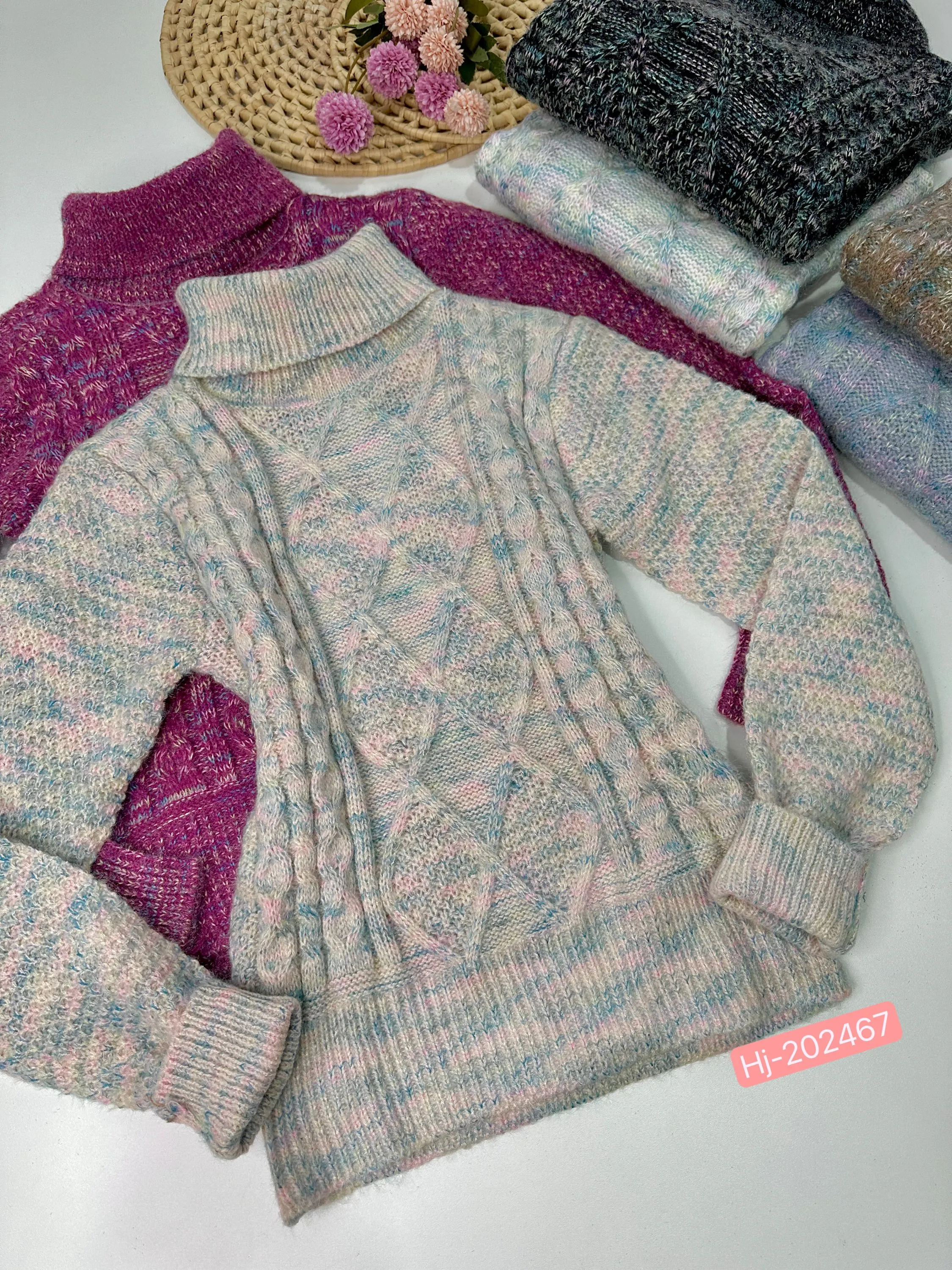 Suéter Feminino Tricot Multicolor com Gola Alta (202467)