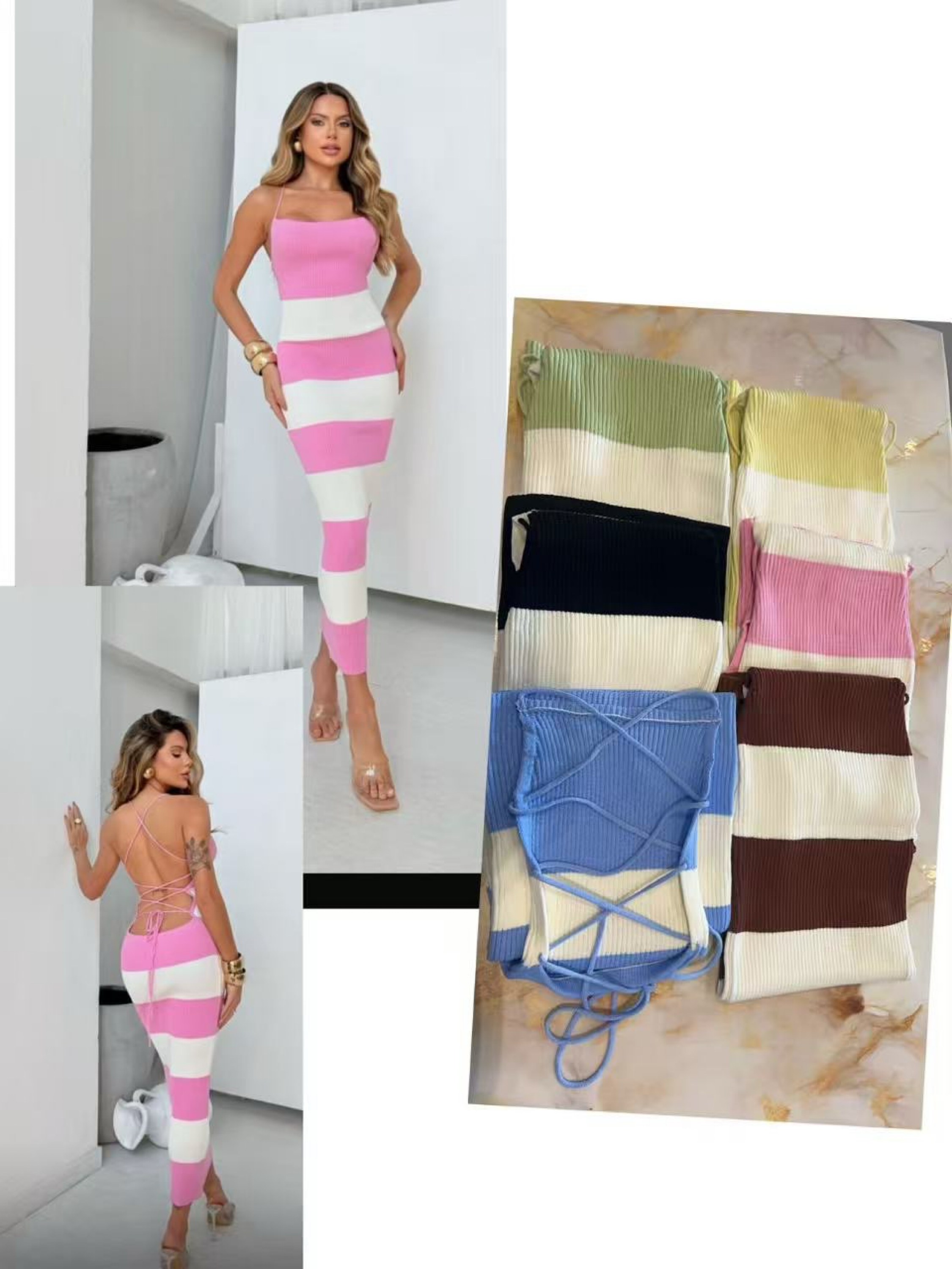 Vestido Feminino Midi Tricot Listrado com Amarração