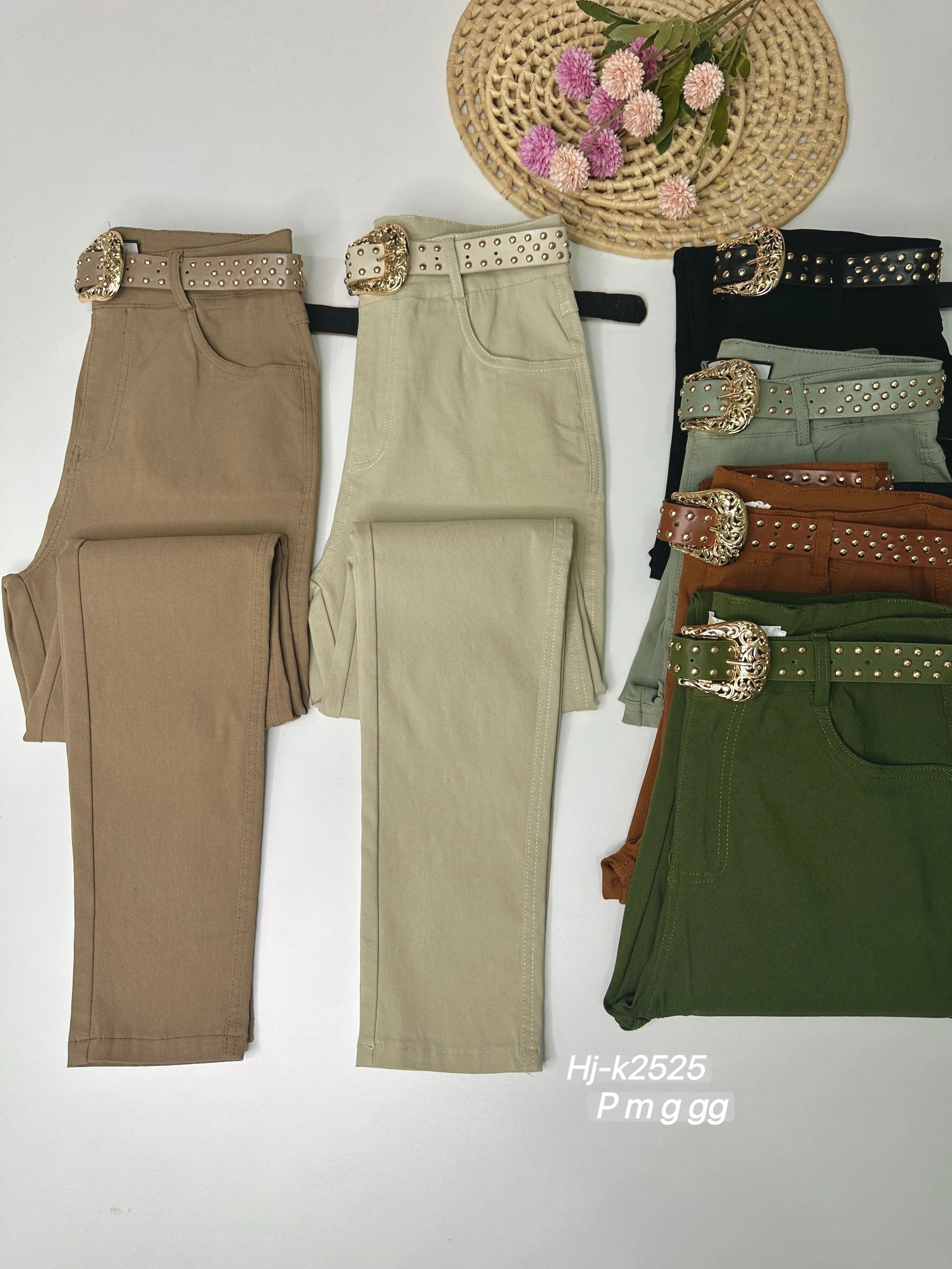 Calça sarja com Cinto de Fivela Dourada (K2525)