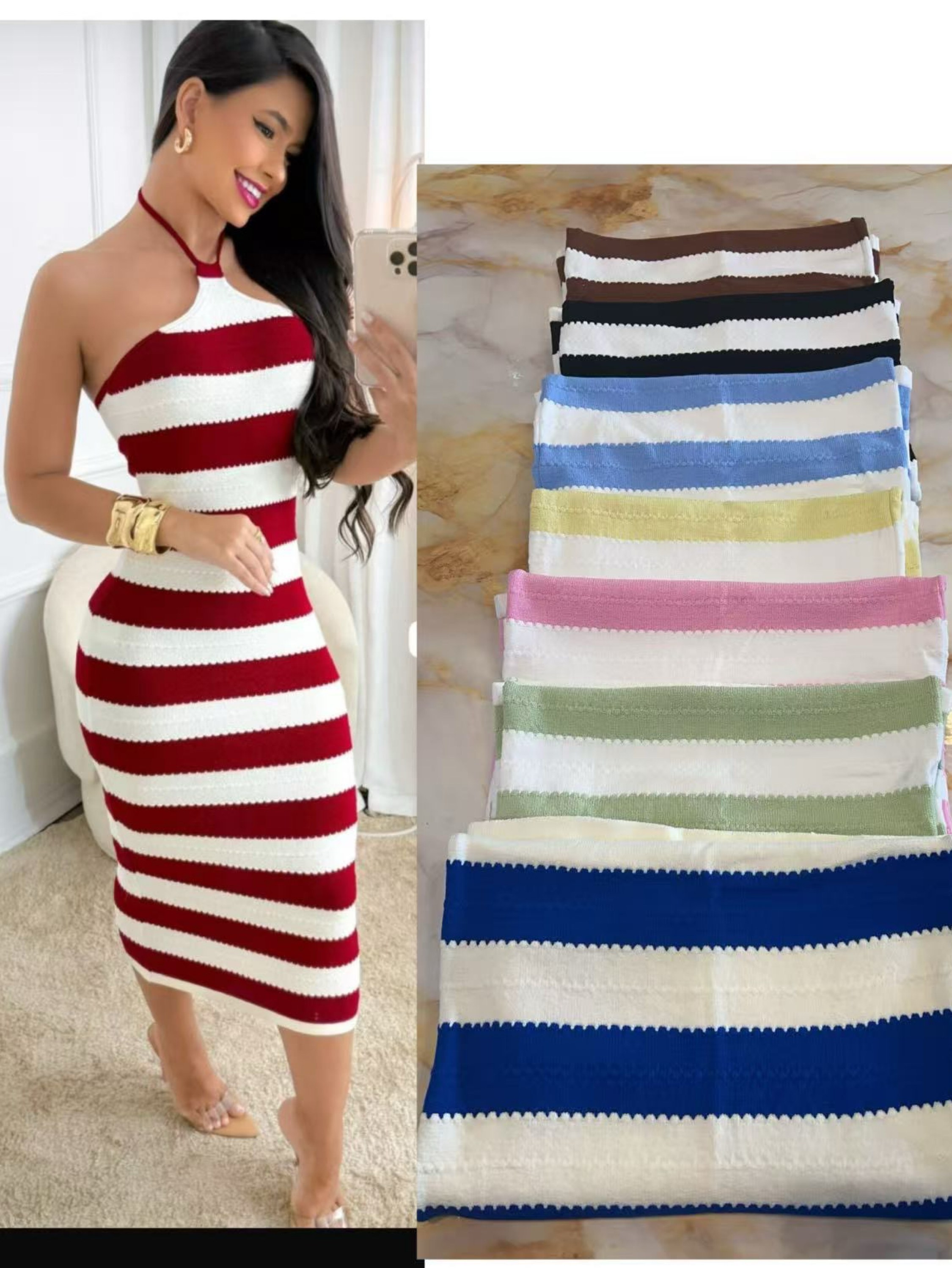 Vestido Feminino Midi Tricot Listrado Frente Única