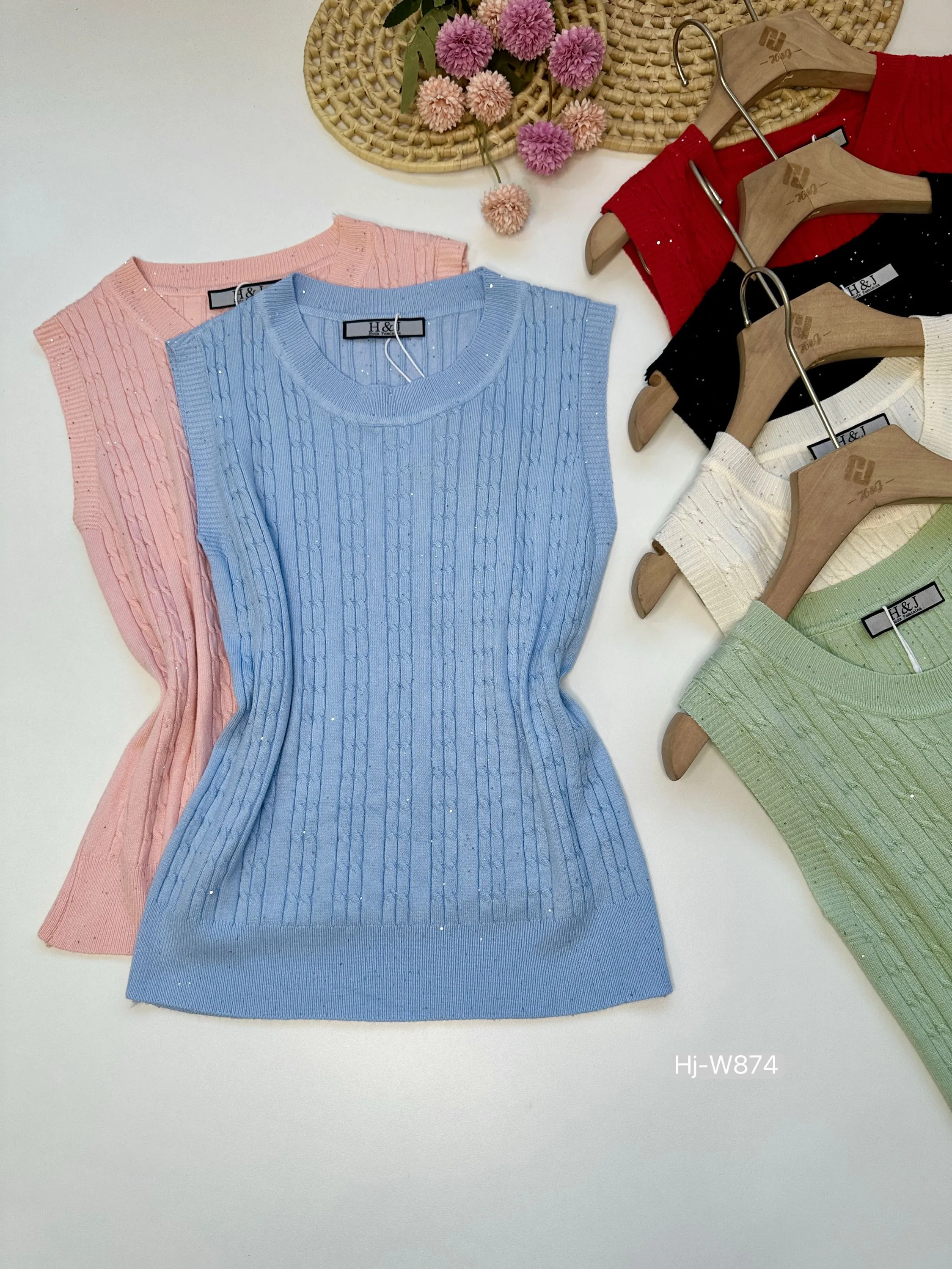 Blusa Tricot Sem Manga com Brilho （W-874）