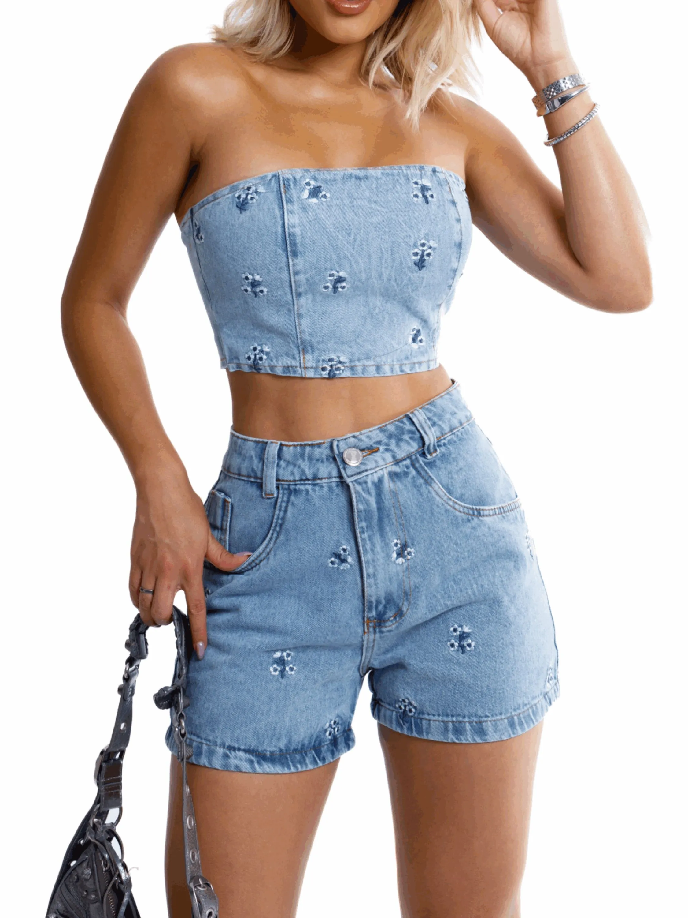 3015 kissmelady jeans feminina conjunto bordado top short