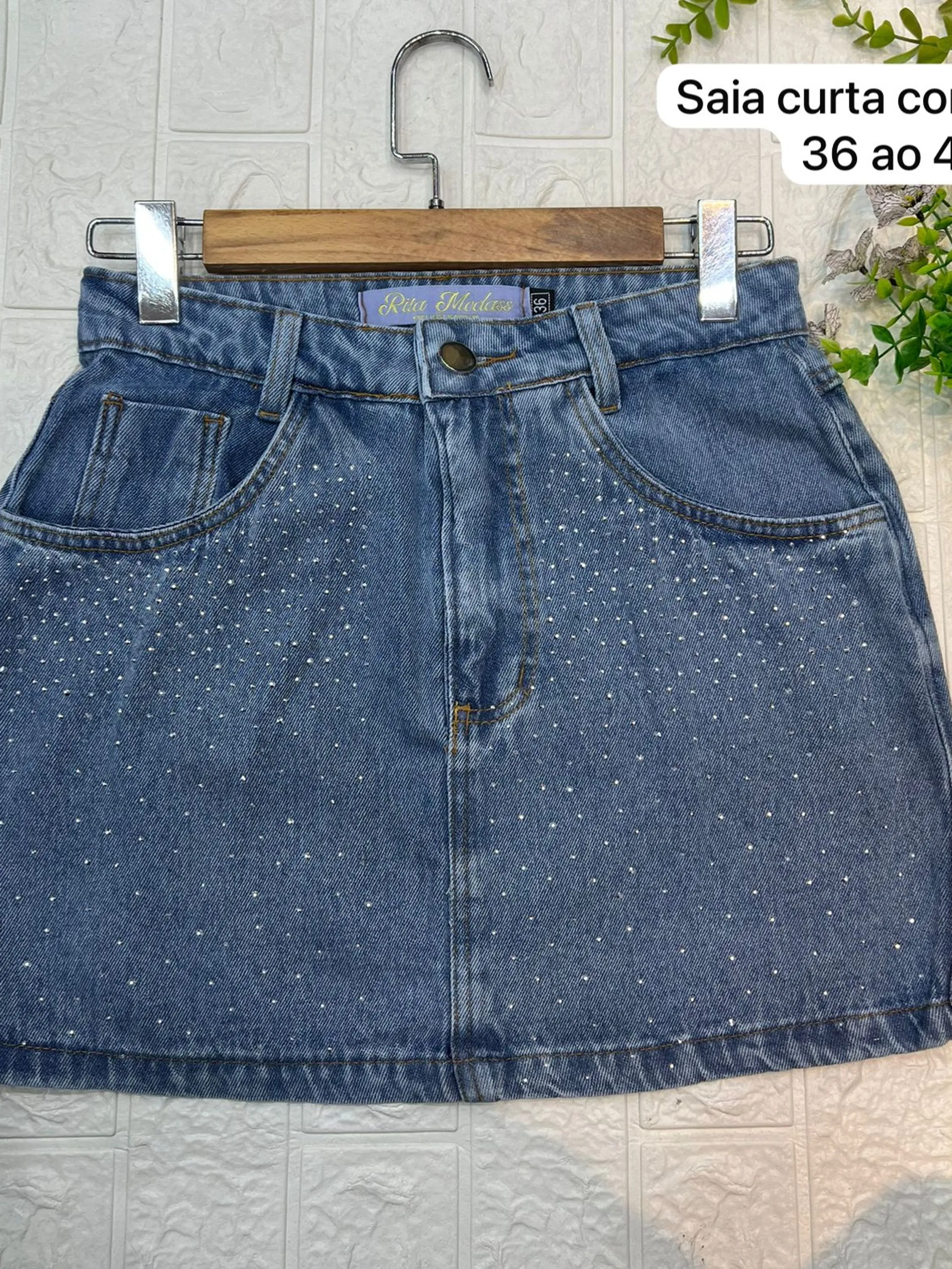 saia curta jeans com brilho com barra