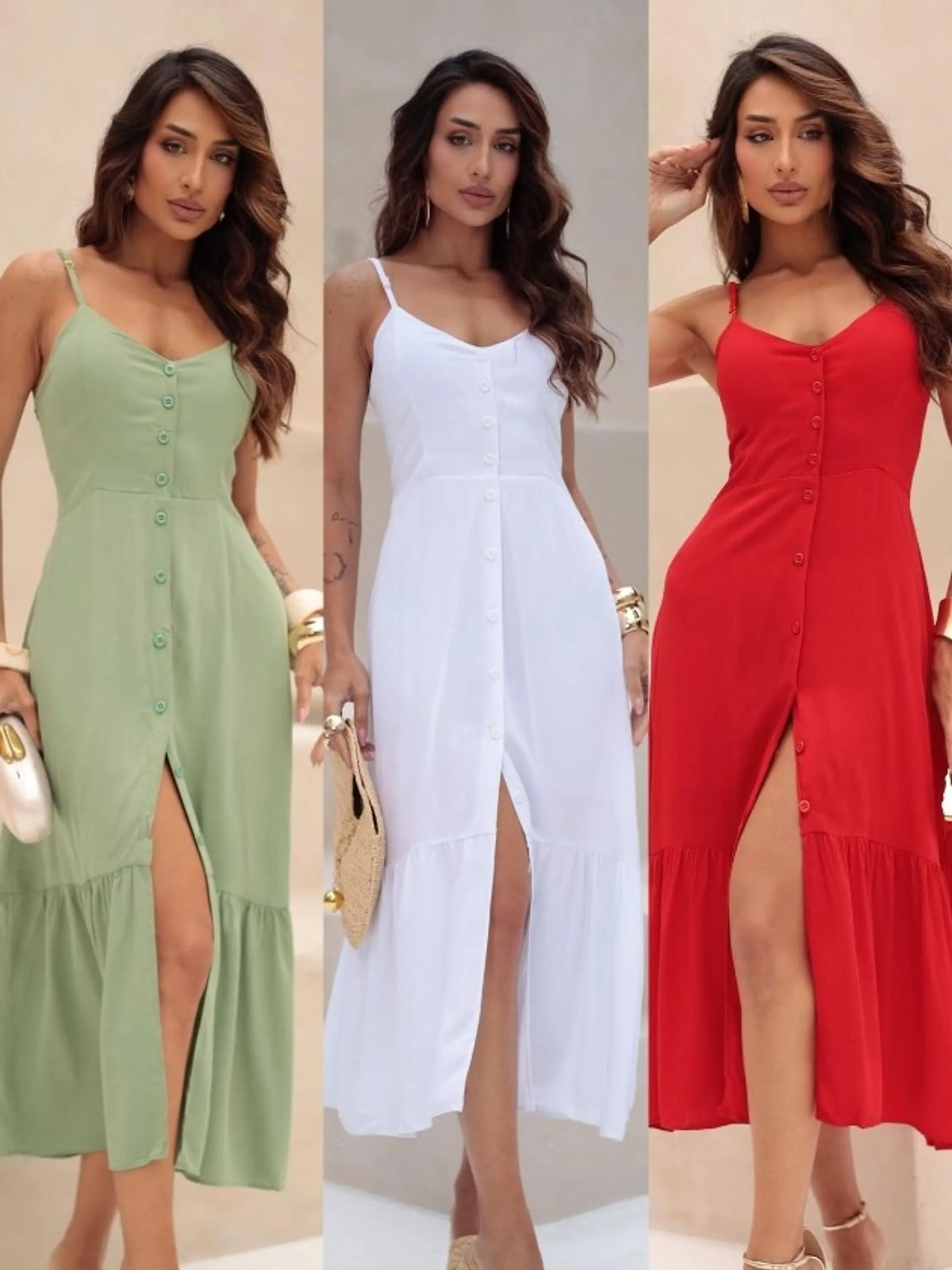 Vestido Botão  Cores Lisas Glam Moda Blogueira