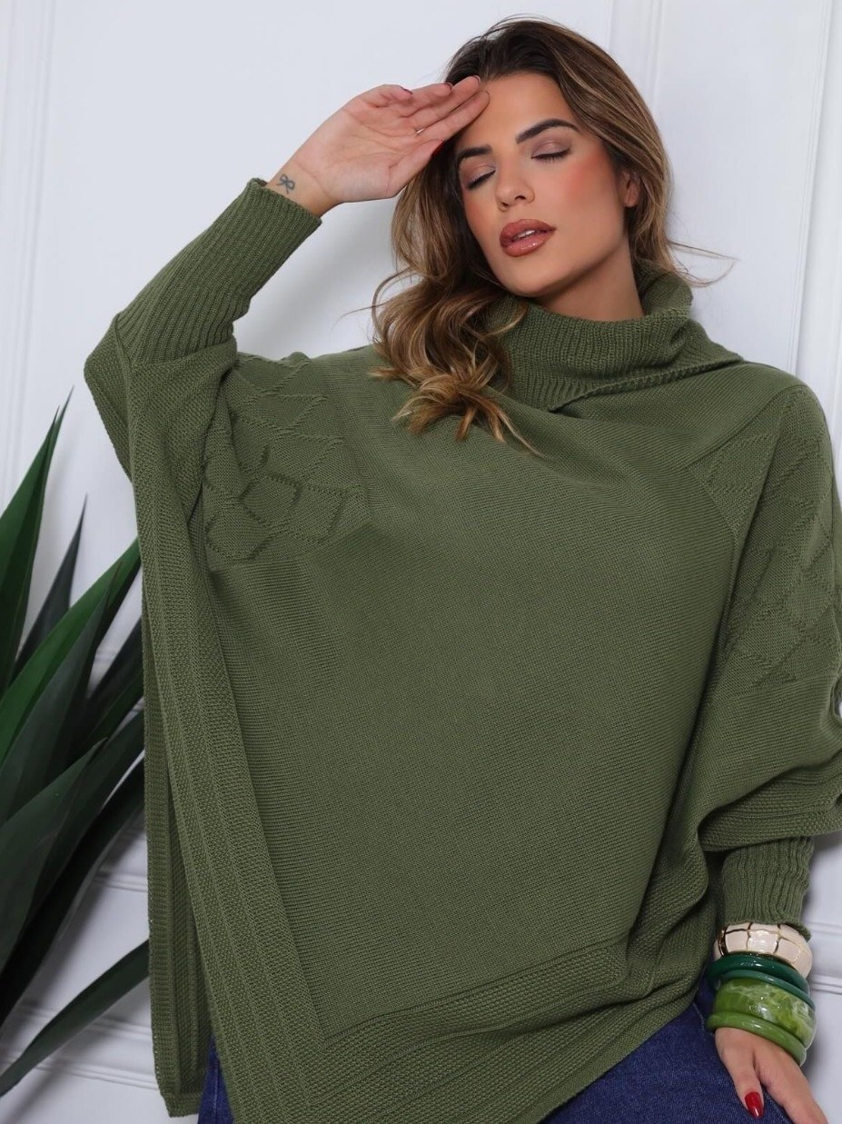 Poncho Premium Gola Tricô Moda Blogueira