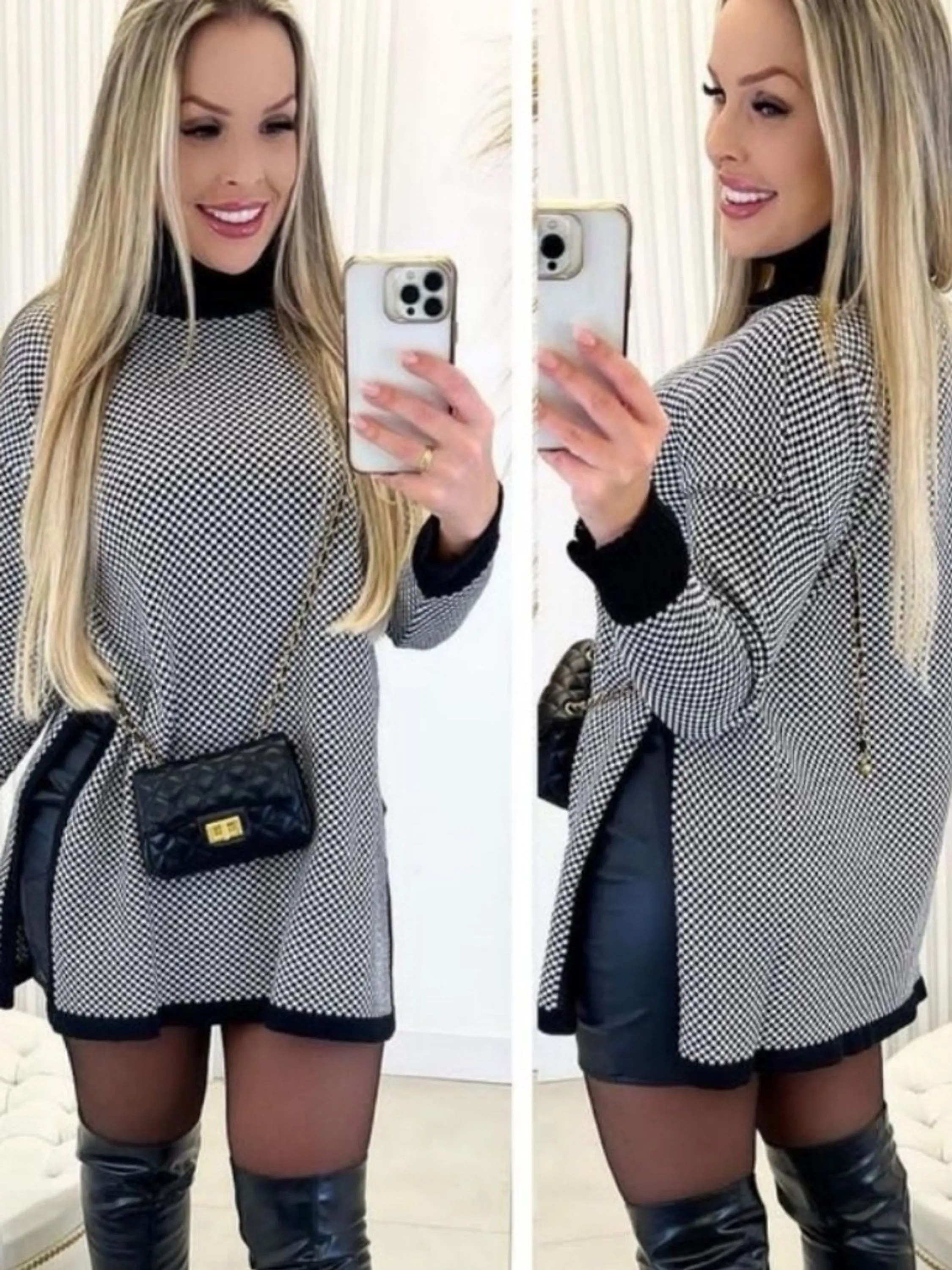 Poncho Luxo Xadrez Tricô Moda Blogueira
