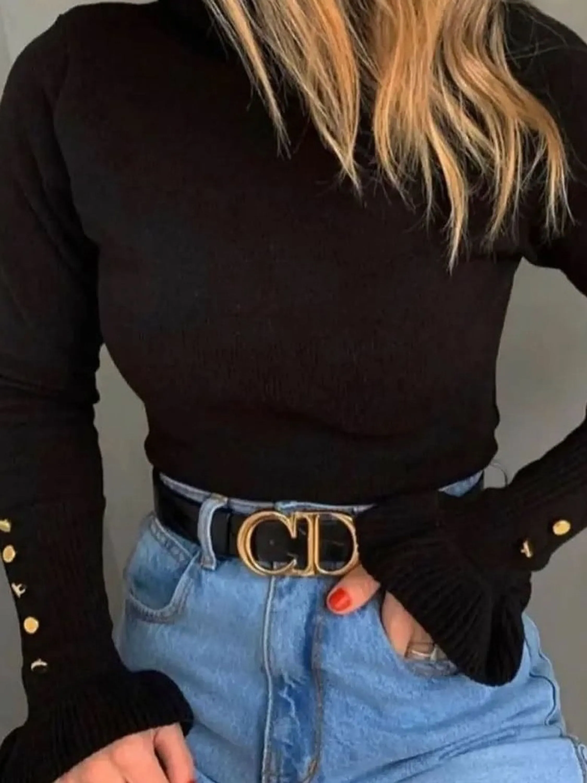 Blusa Cacharrel Tricot Botões Dourado Moda Blogueira