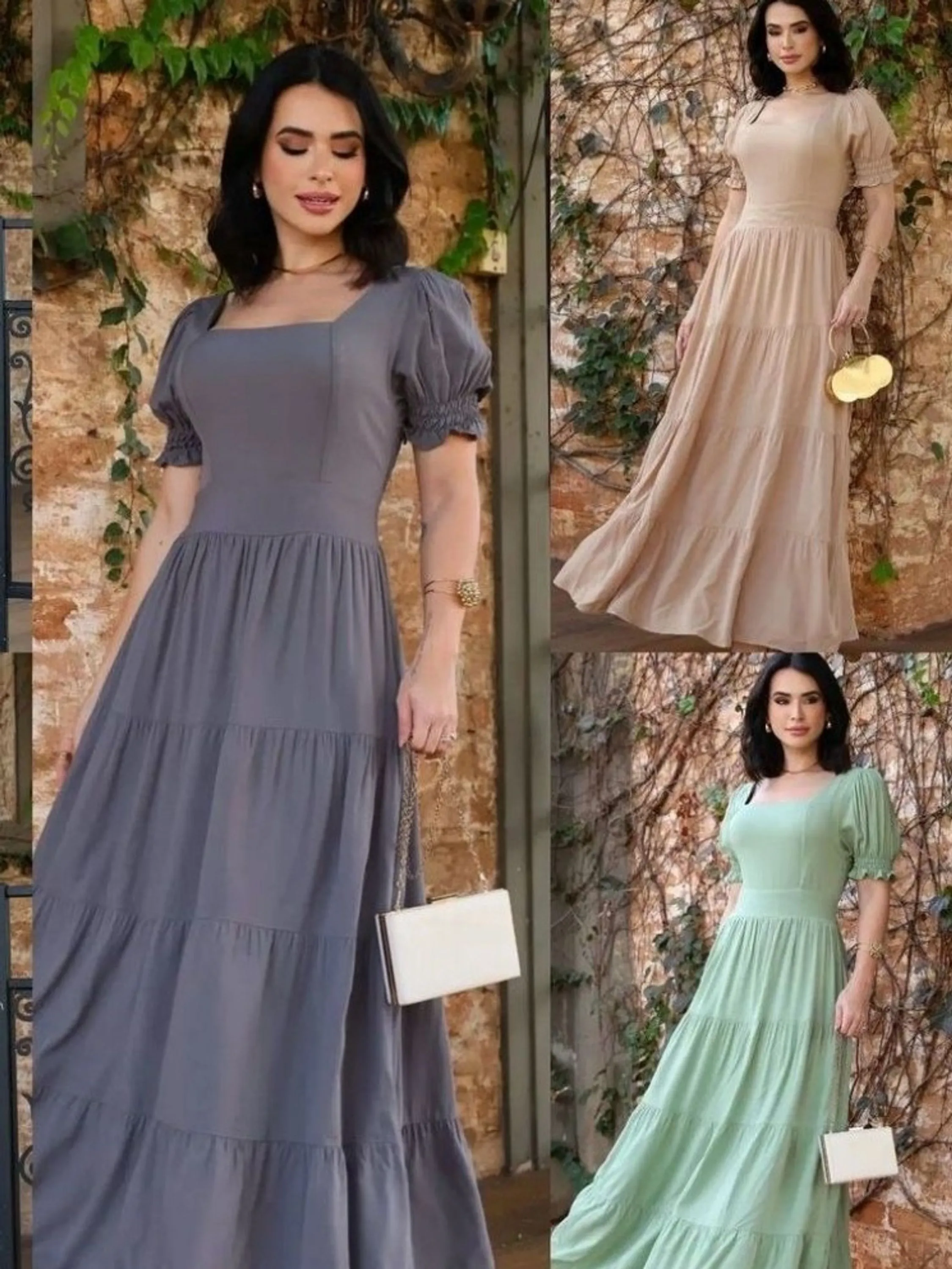 Vestido Longo Princesa Romântico  Cores Lisas Glam Moda Blogueira