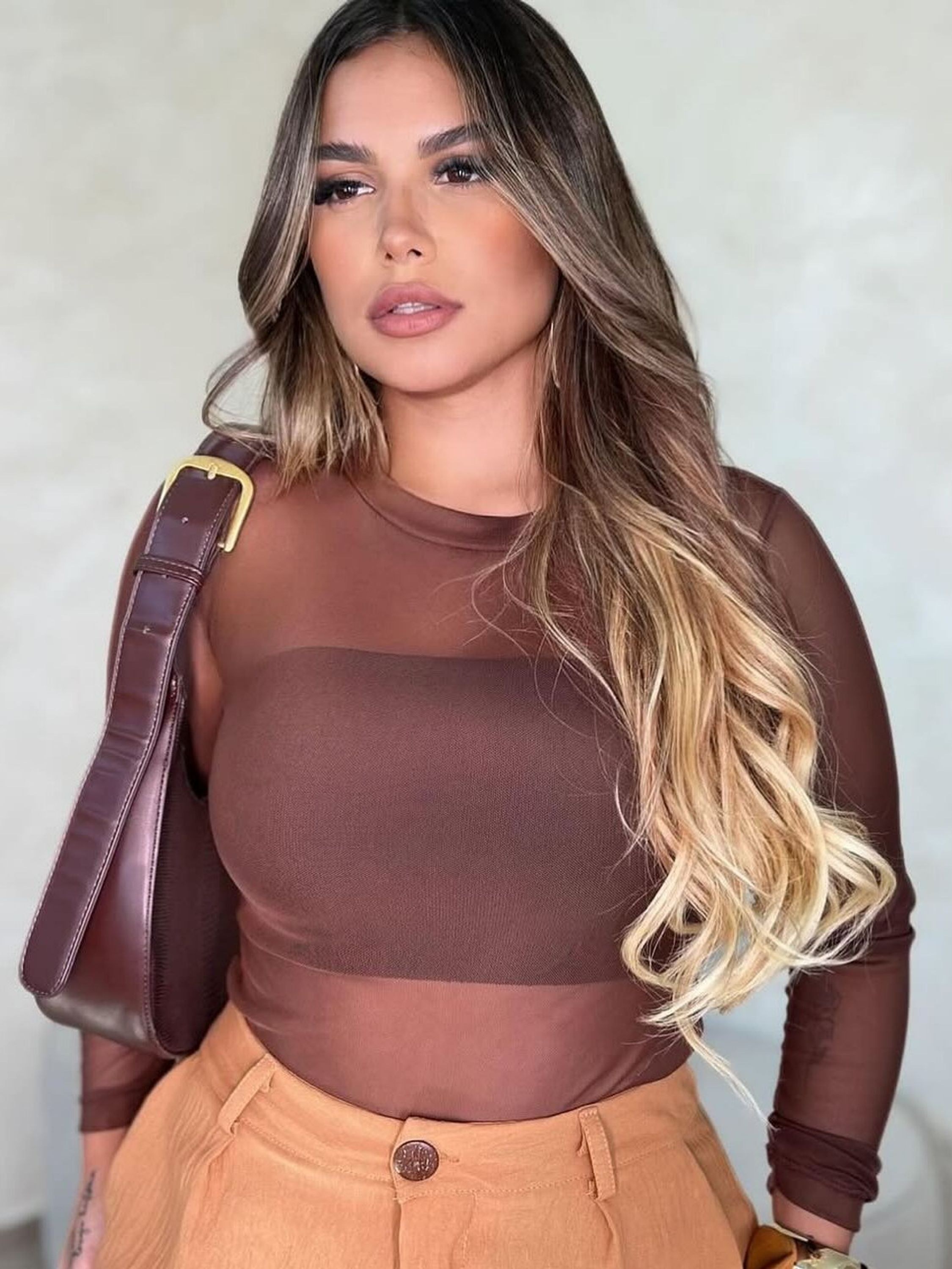 Body de Tule Marrom Tendência Moda Blogueira