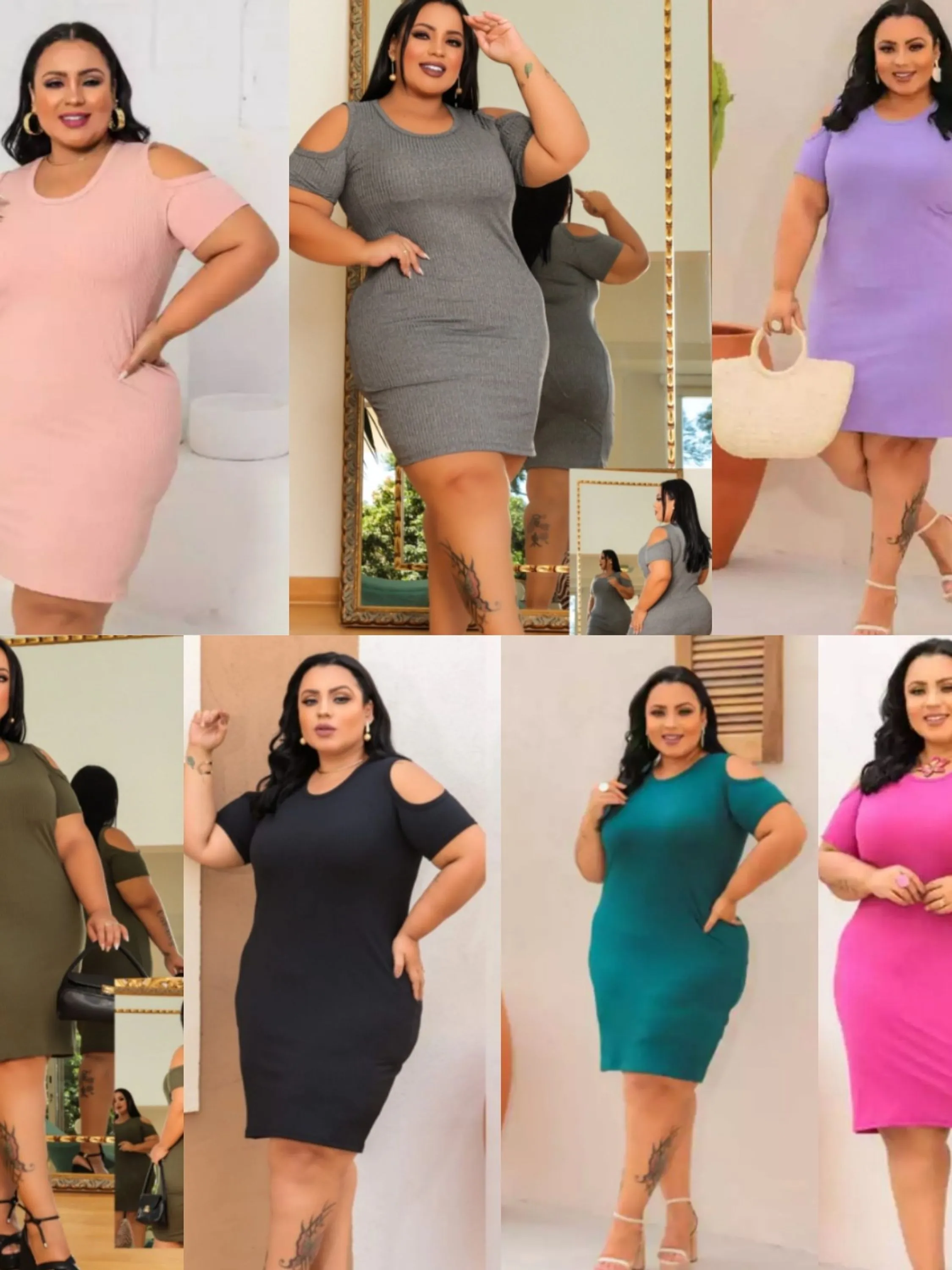 Vestido Aberto no Ombro Canelado Plus Size Moda Blogueira