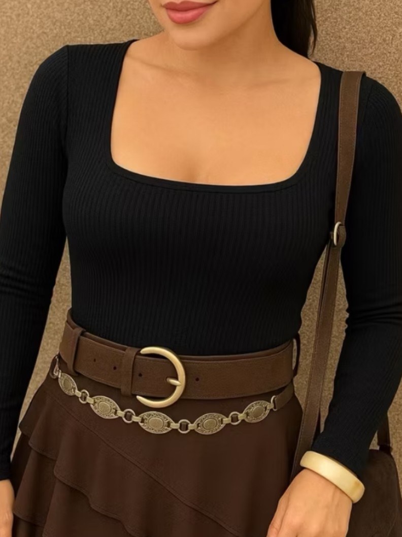Blusa Manga Longa Decote Reto Moda Blogueira