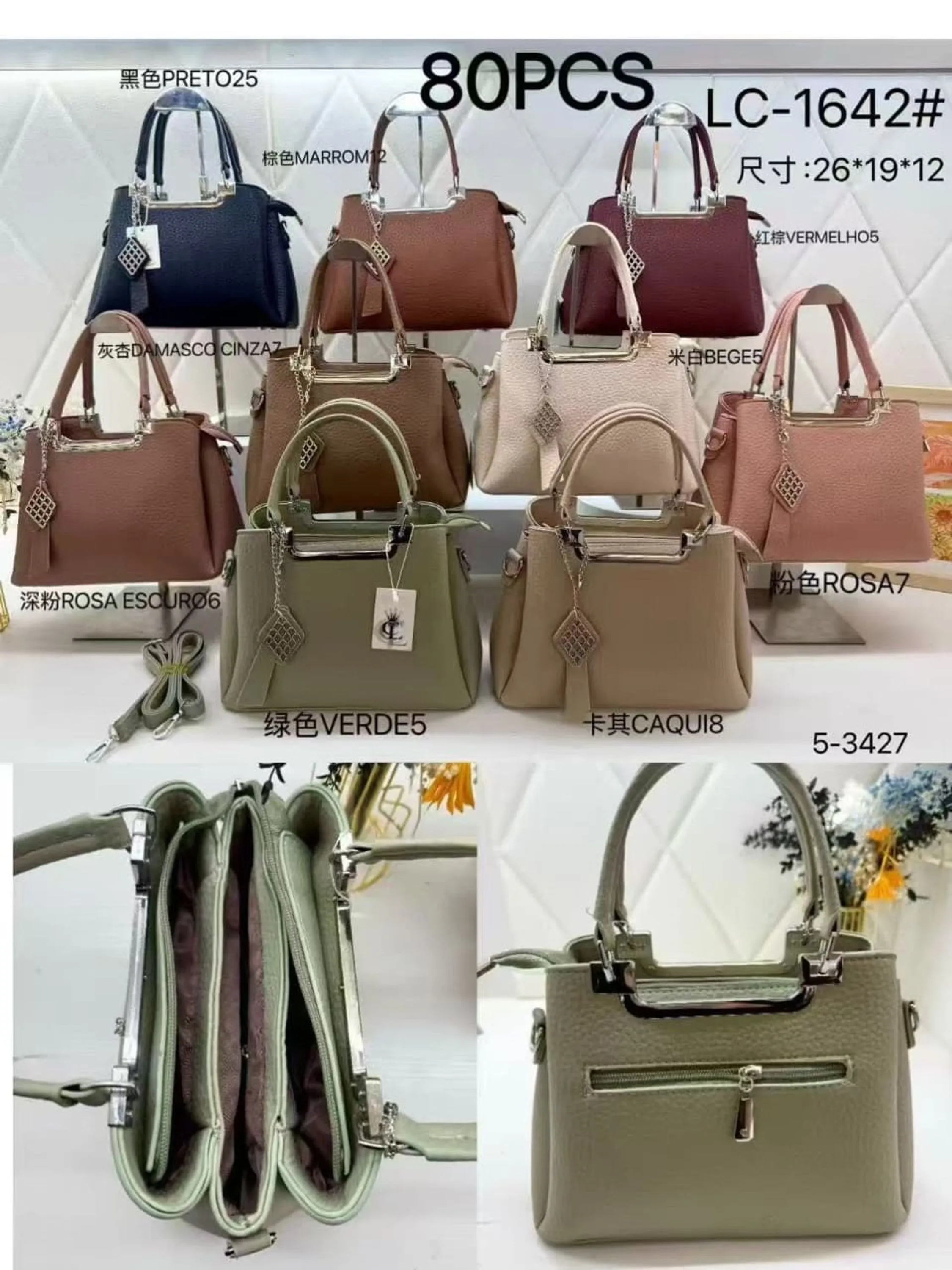 Bolsa feminina média com 3 divisões de zíper 1642#