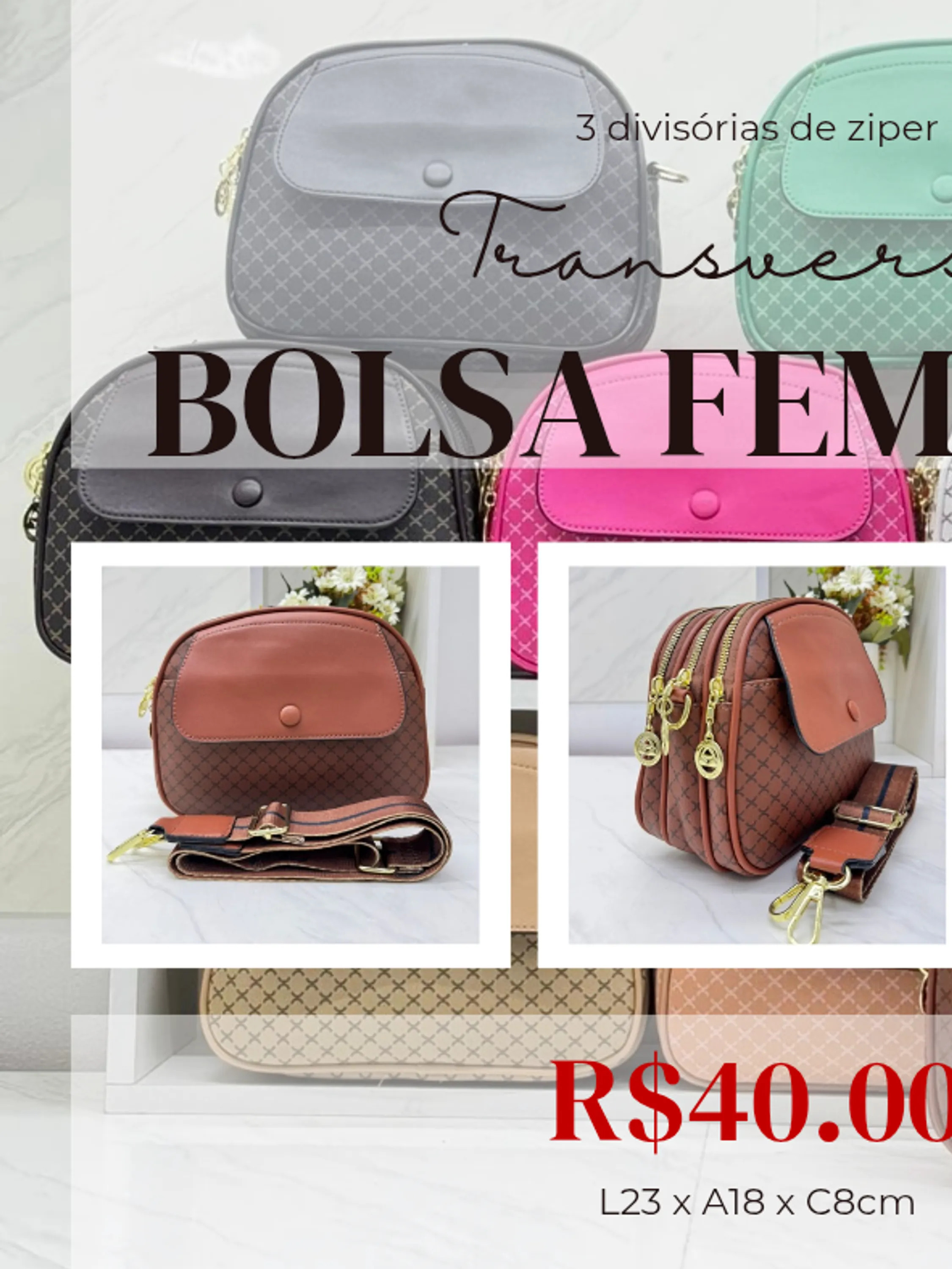 Bolsa feminina Transversal Coloridas 3 Divisórias 657#