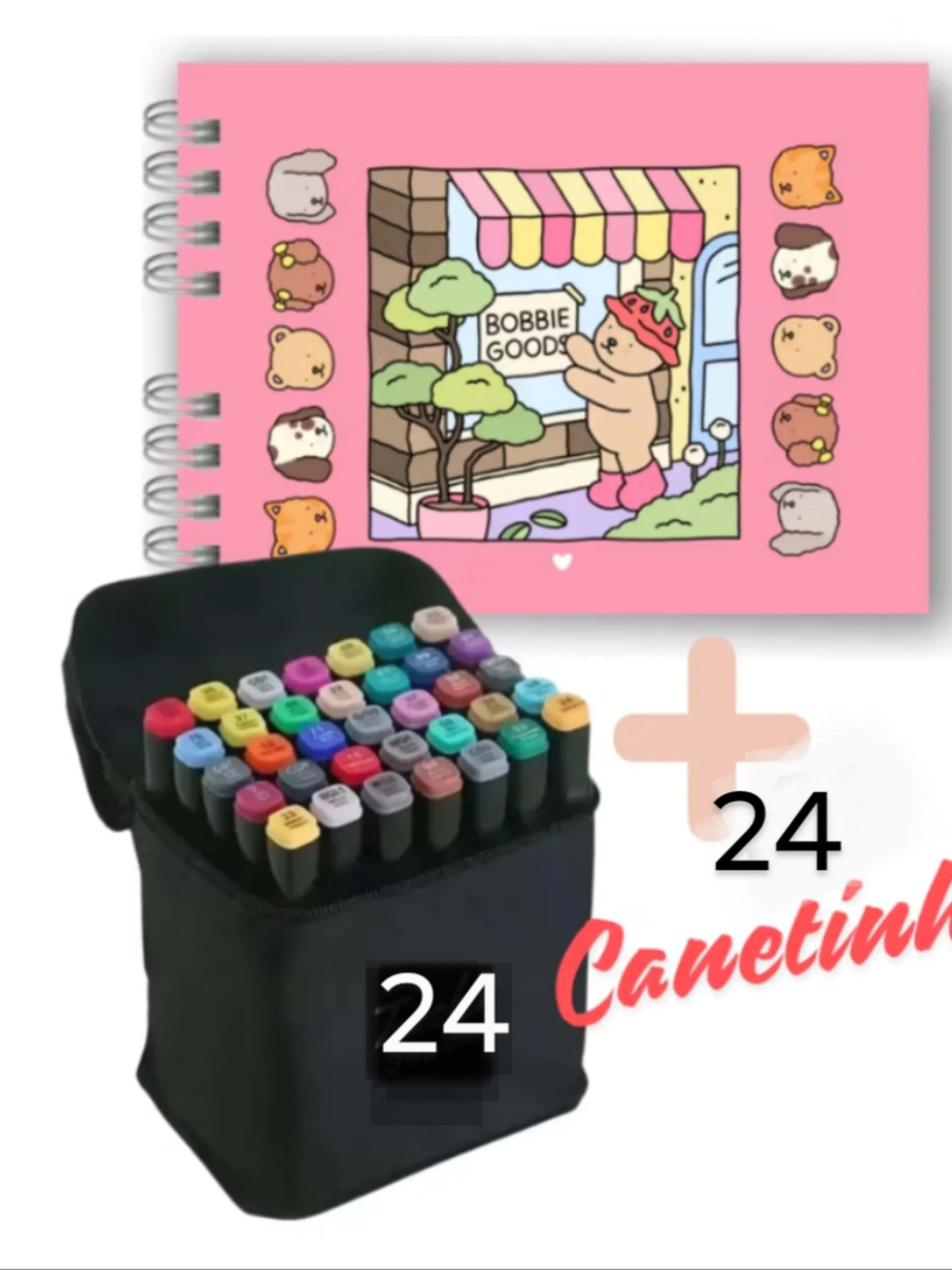 Kit caderno+ 24 PCs canetinhas+ brinde da loja