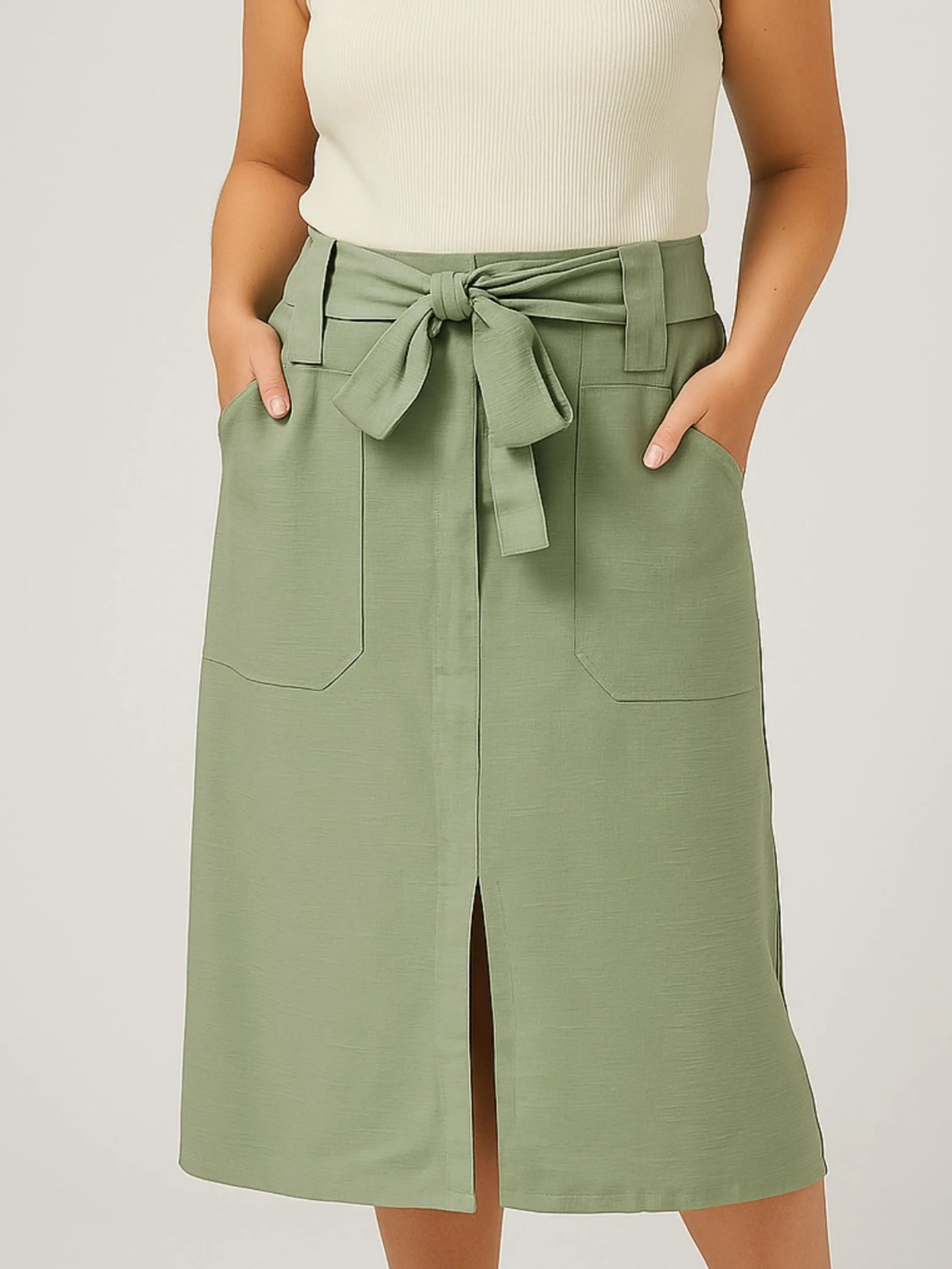 Saia Midi Linho Elegante Com Cinto