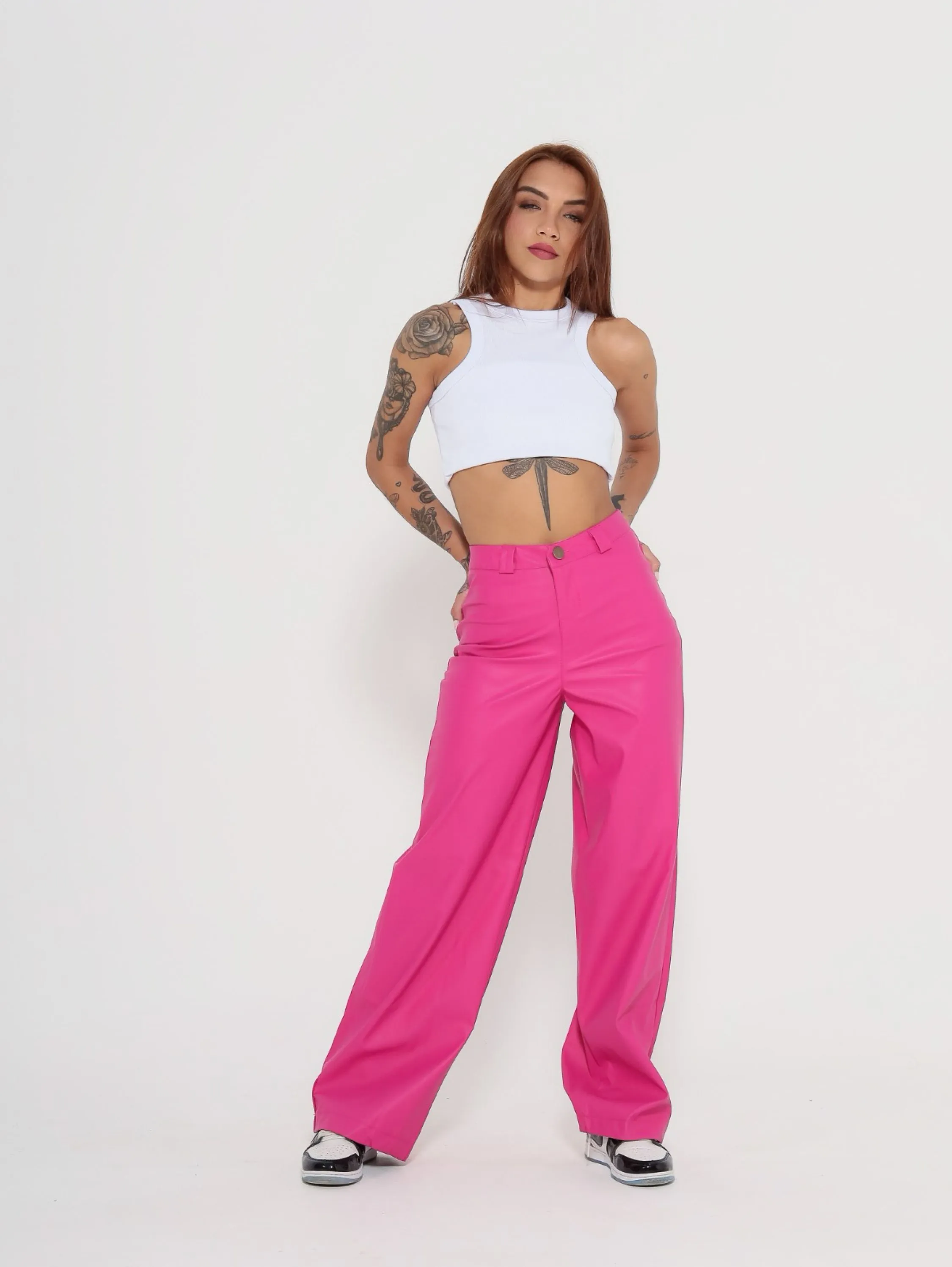 Calça wide leg couro fake