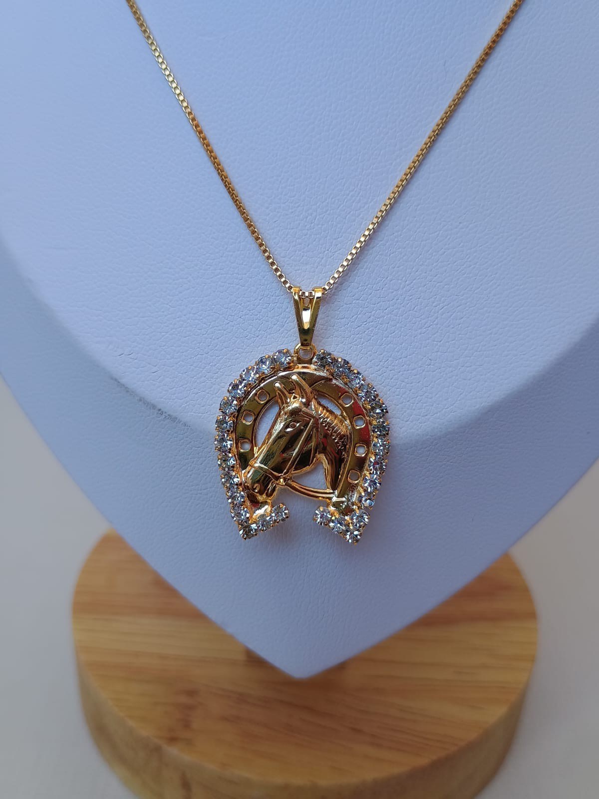 Colar com ferradura cravejada e cabeça de cavalo