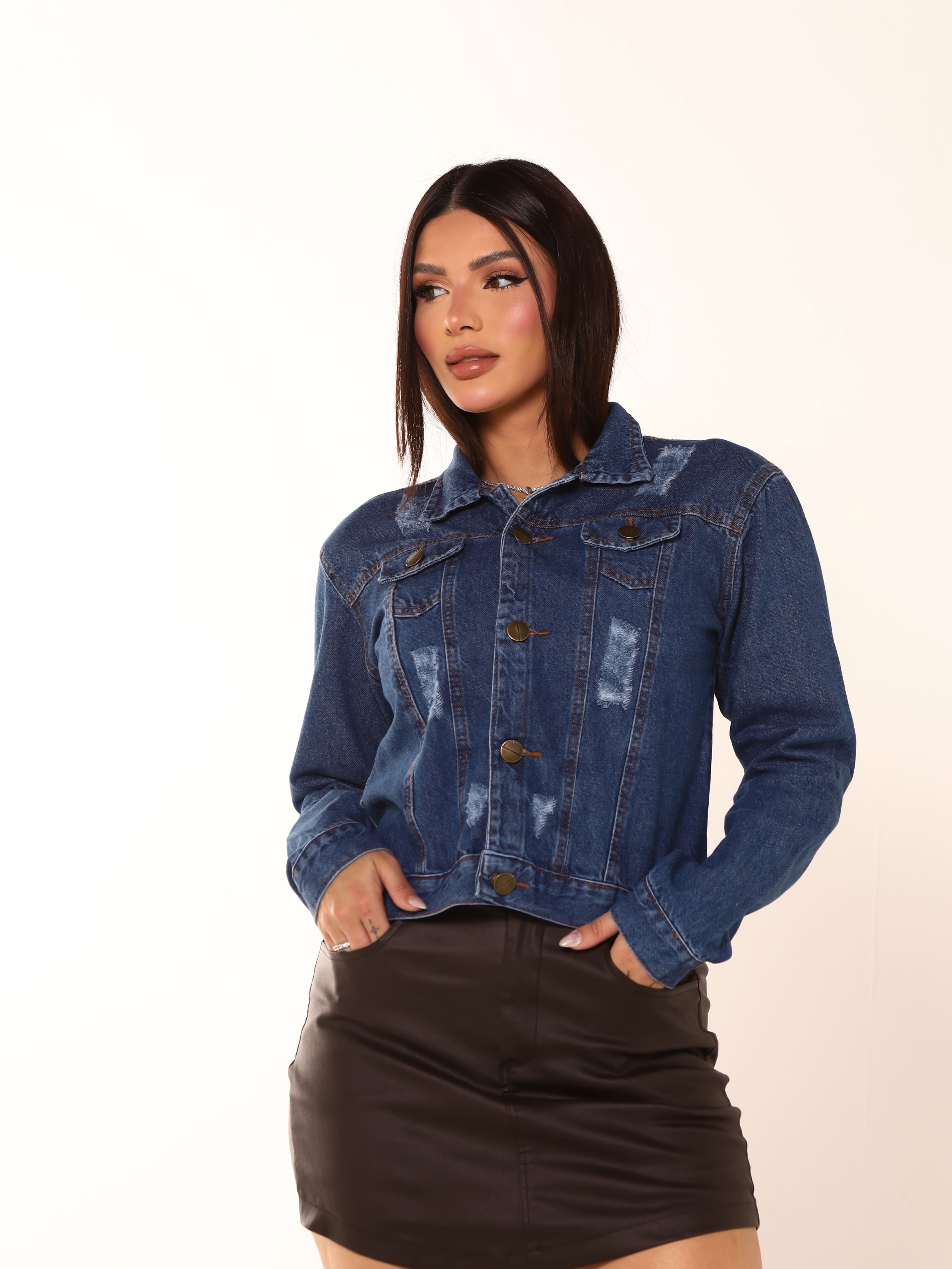 JAQUETA JEANS NORMAL COM BOTAO MENTAL AZUL ESCURO