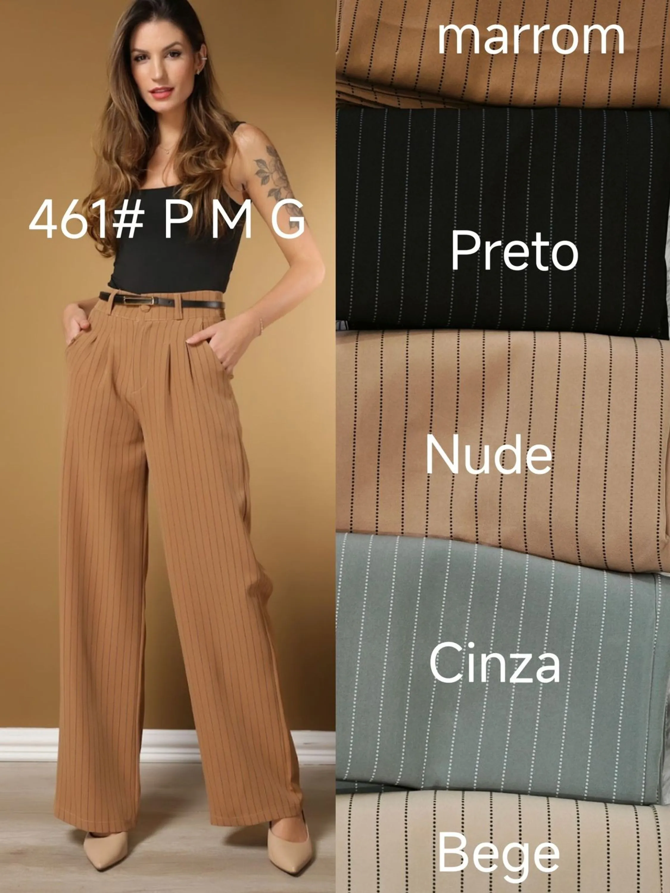 Calça pantalona listrada com cinto