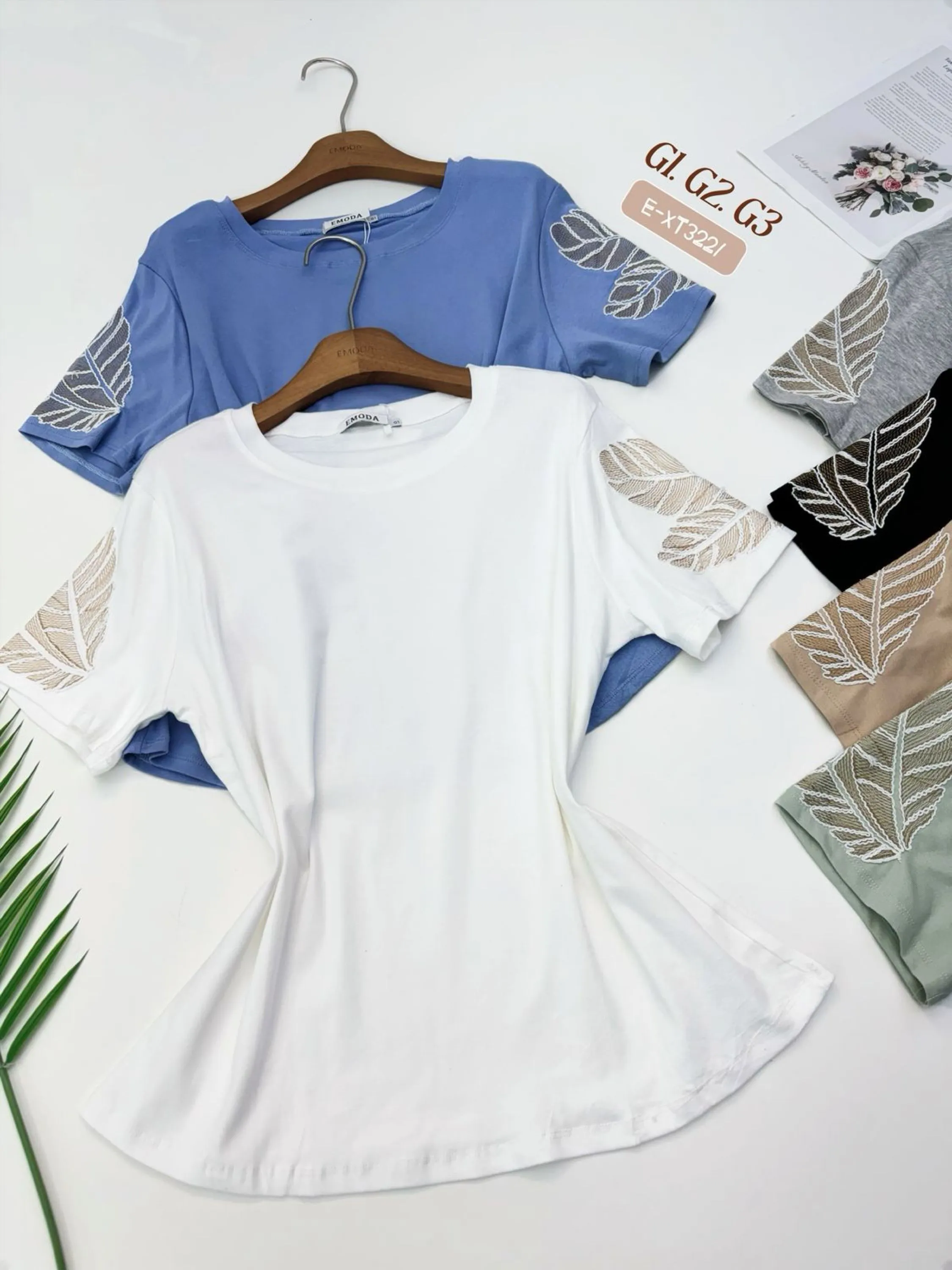 E-XT3221. T-shirt - G1. G2. G3. - algodão bordado