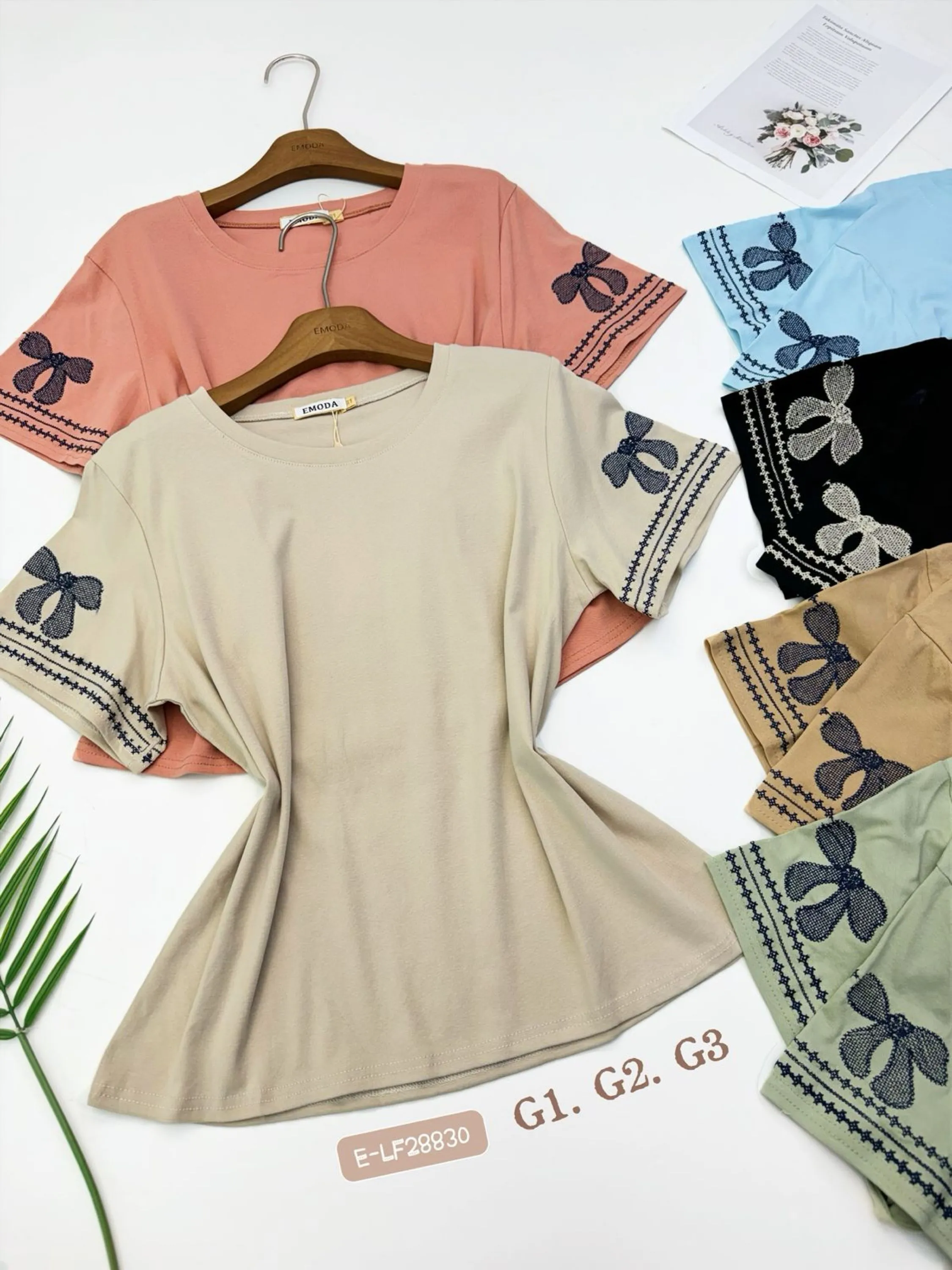 E-LF28830. T-shirt - G1. G2. G3 - algodão bordado