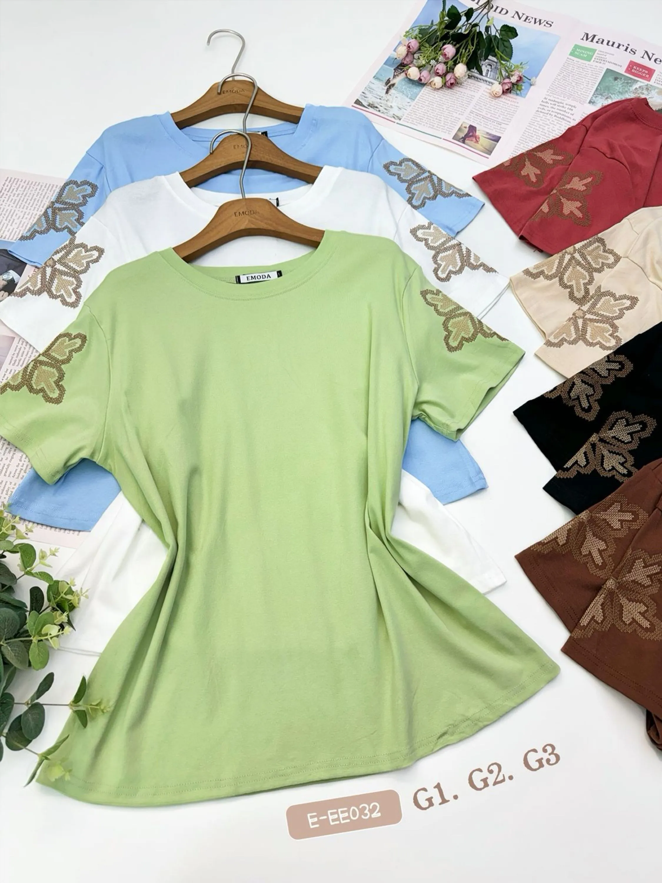 E-EE032 T-shirt - G1. G2. G3. - algodão bordado