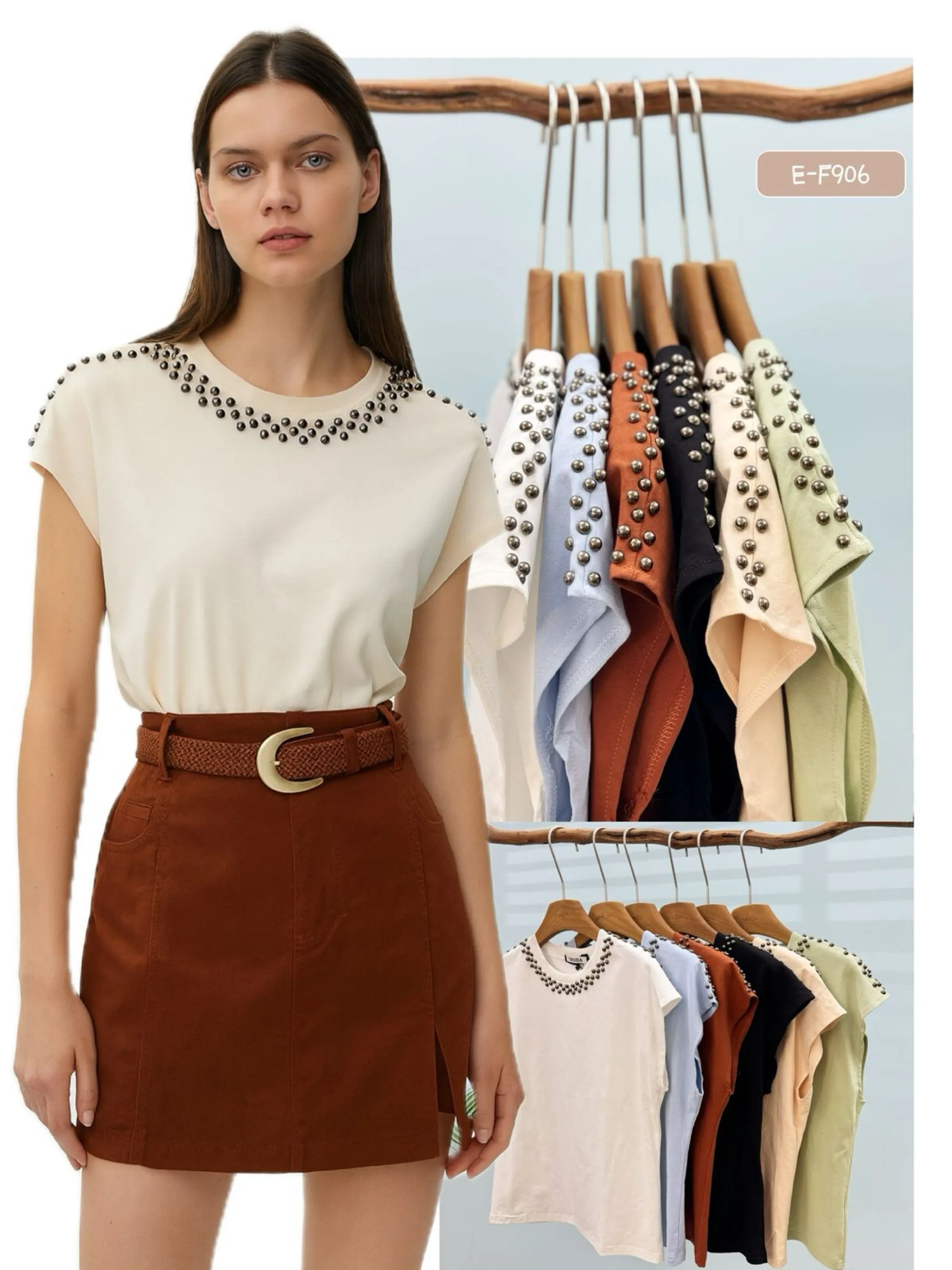 E-F906. Blusa - M G GG - Algodão com rebitas aplicadas