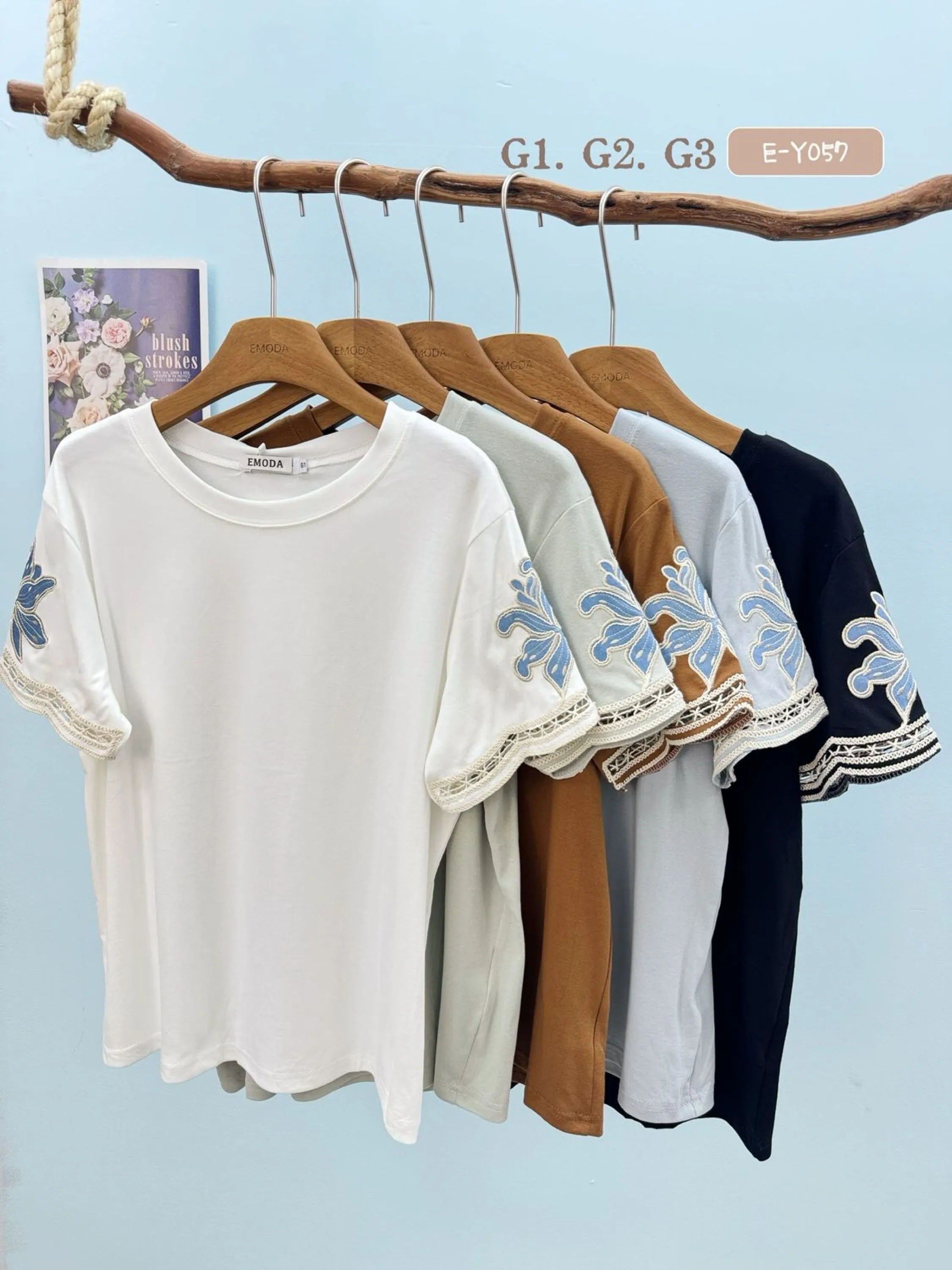 E-Y057. T-shirt - G1. G2. G3 - algodão bordado