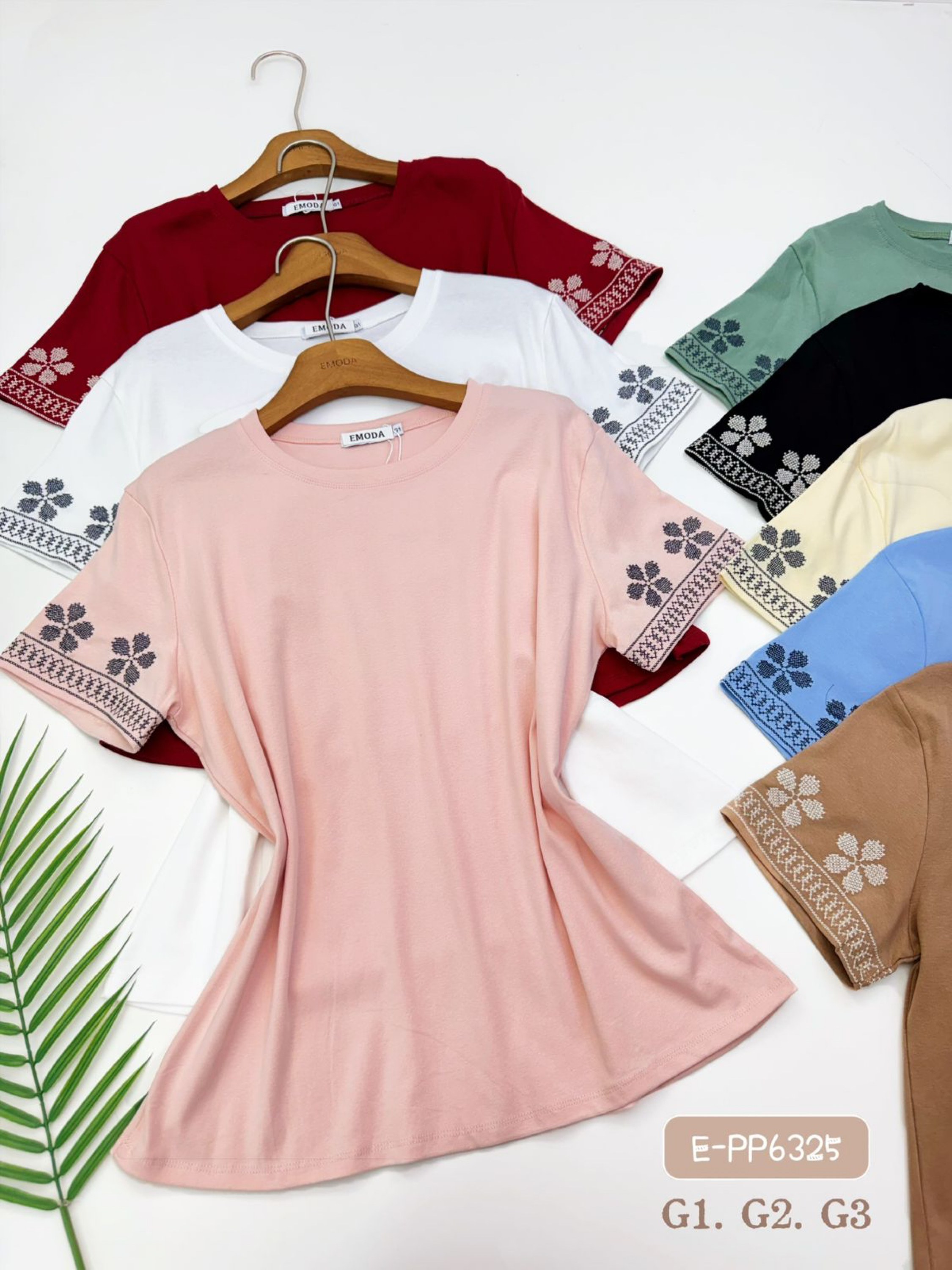 E-PP6325.  T-shirt - G1. G2. G3. - algodão bordado