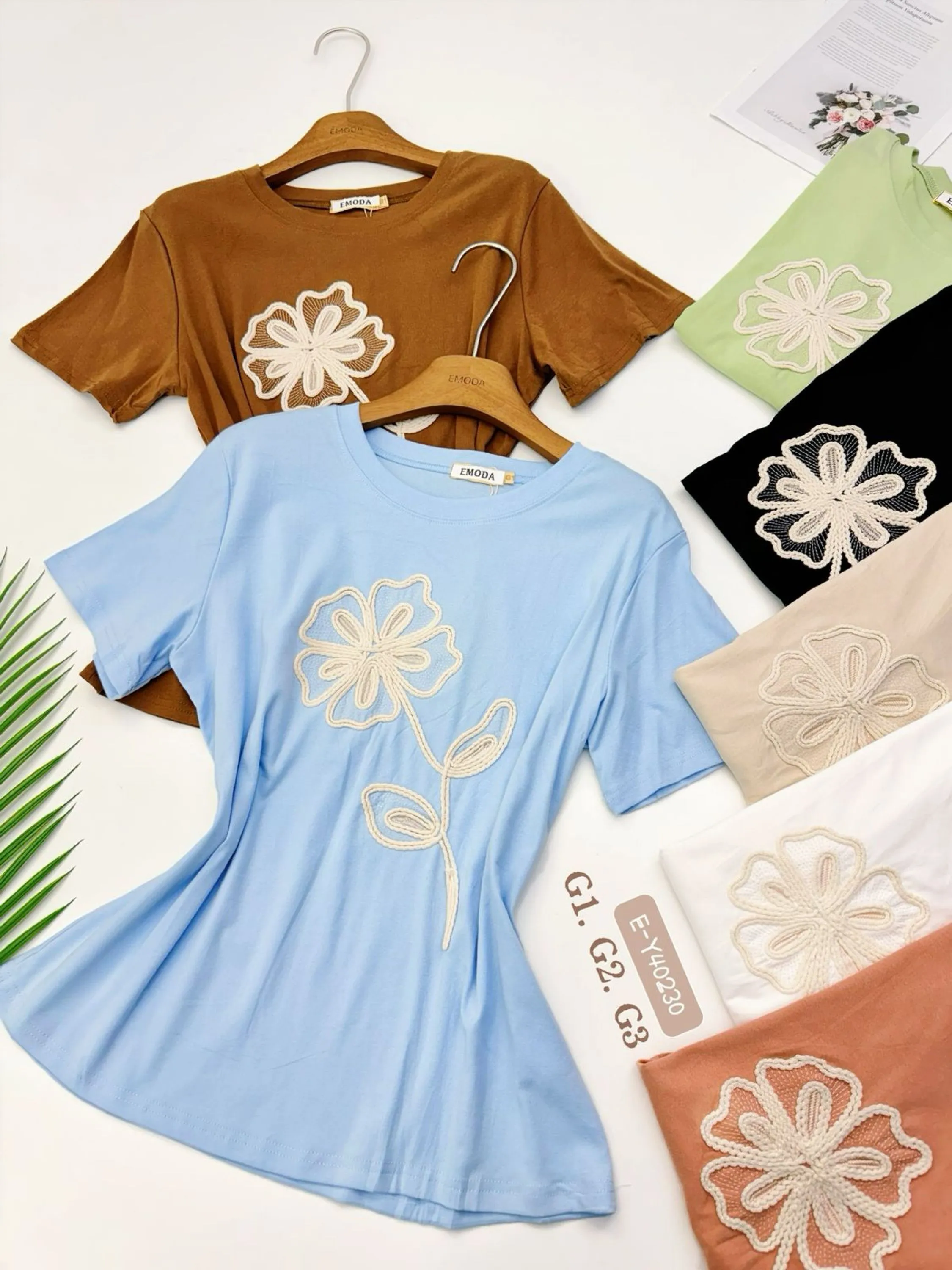 E-Y40230. T-shirt - G1. G2. G3 - algodão bordado