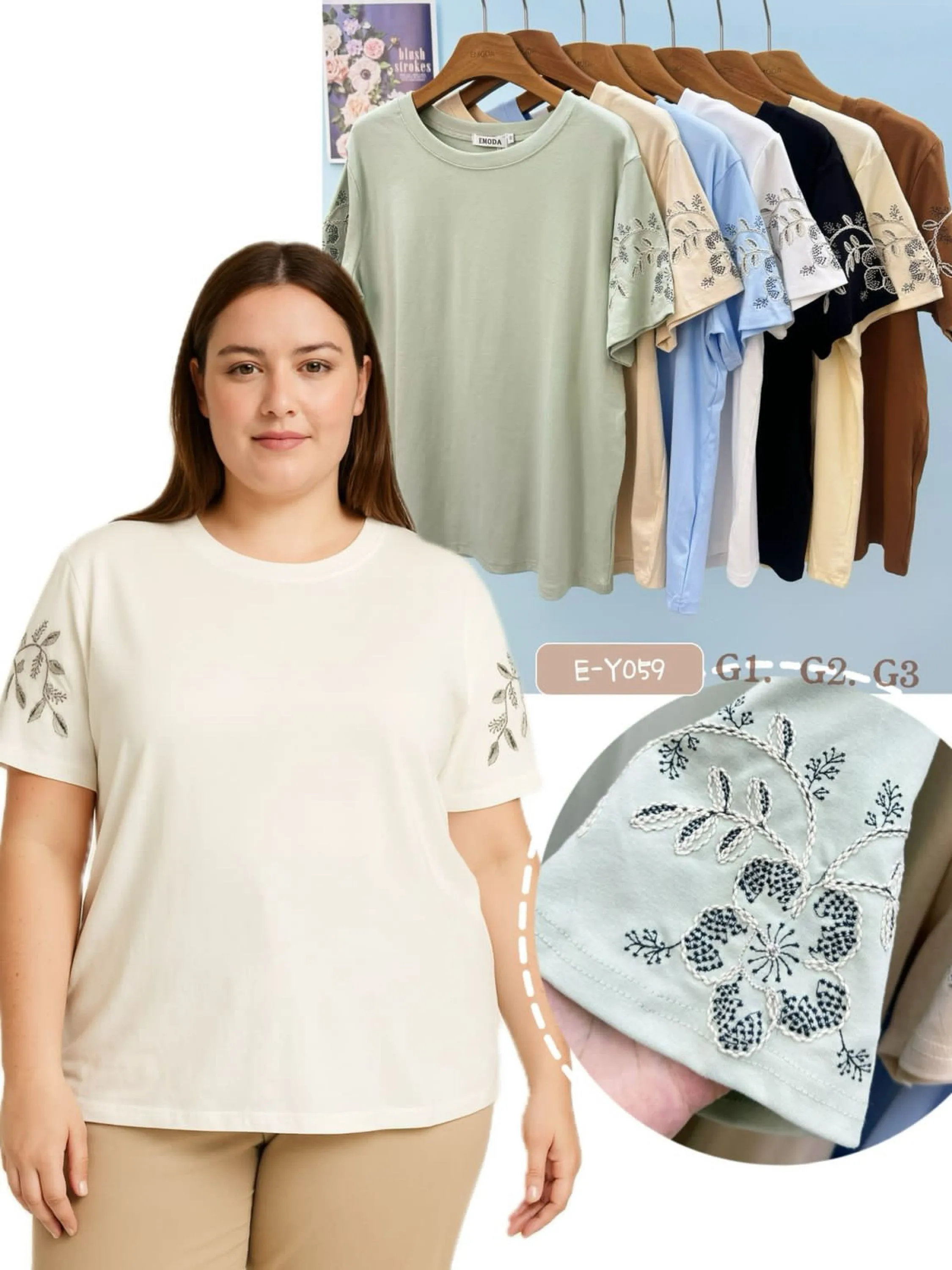 E-Y059. T-shirt - G1. G2. G3. - algodão bordado