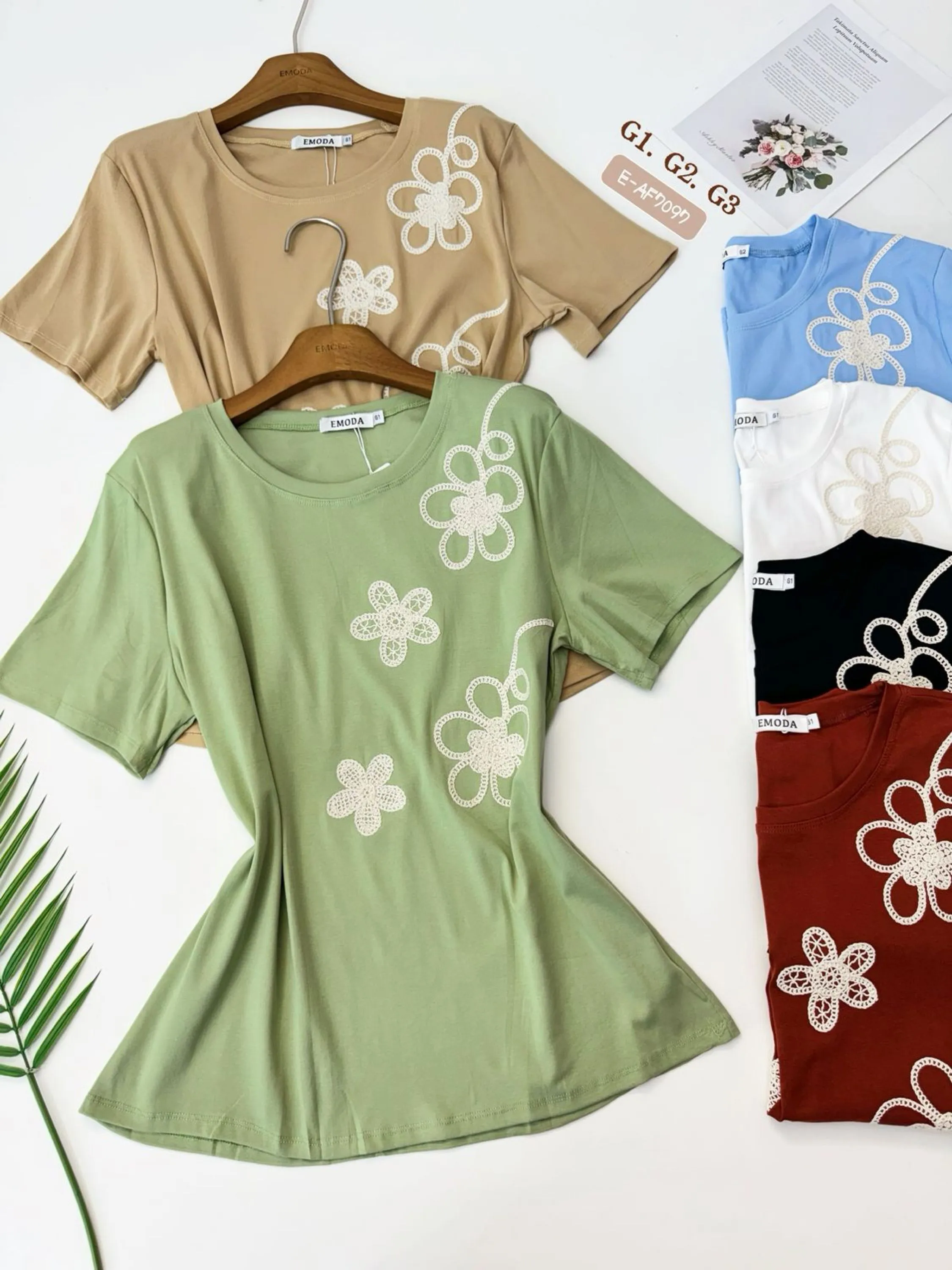 E-AF7097. T-shirt - G1.  G2. G3 - algodão bordado