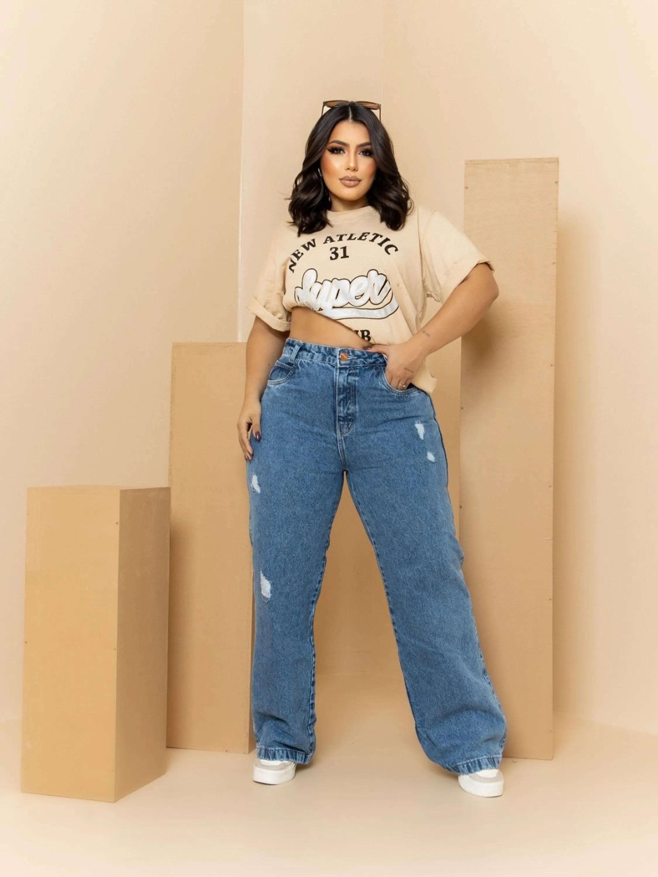 Wide Leg plus size cintura alta sem elastano com destroyd