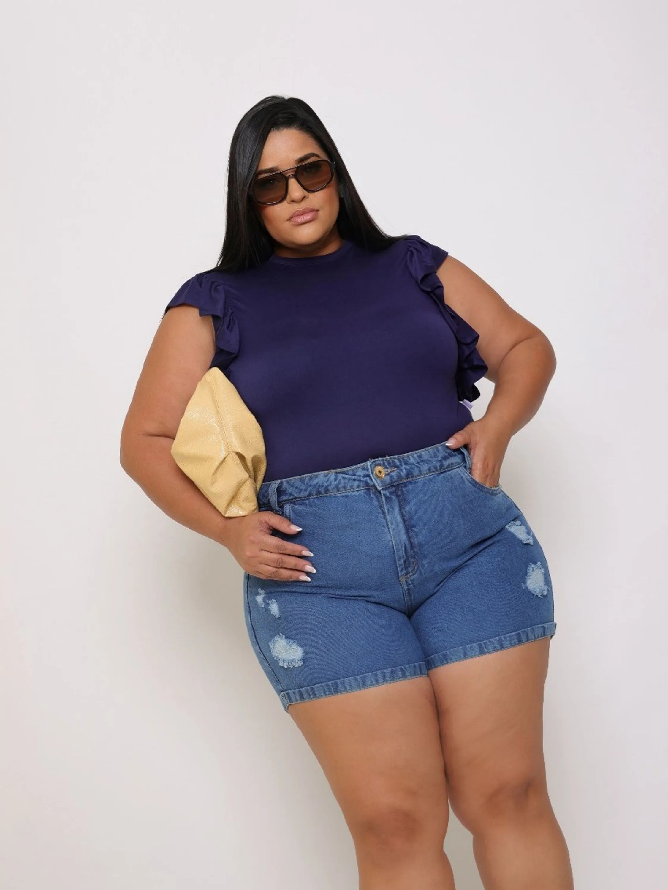 Short jeans plus size sem elastano cintura alta