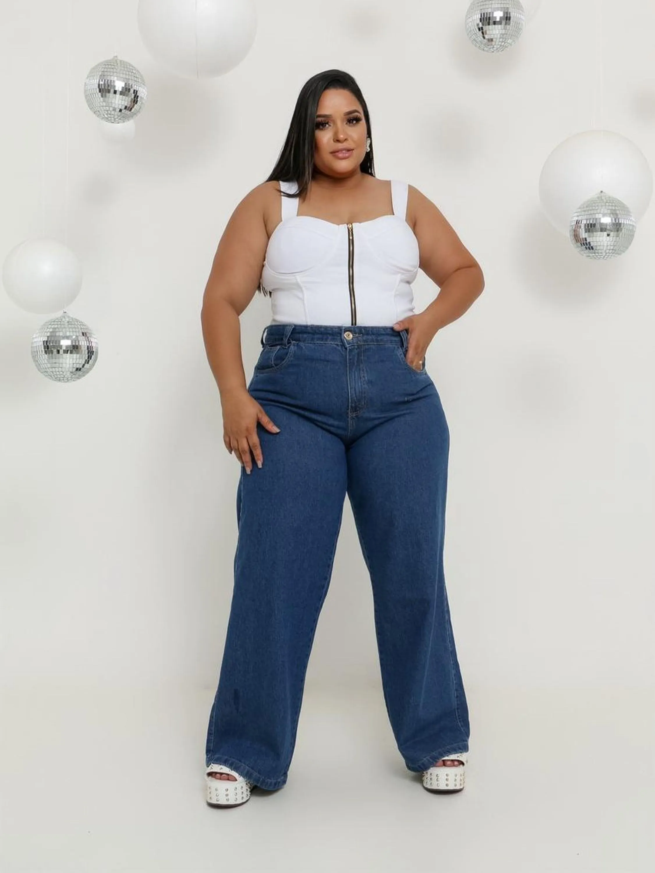 Calça wide Leg plus size cintura alta sem elastano