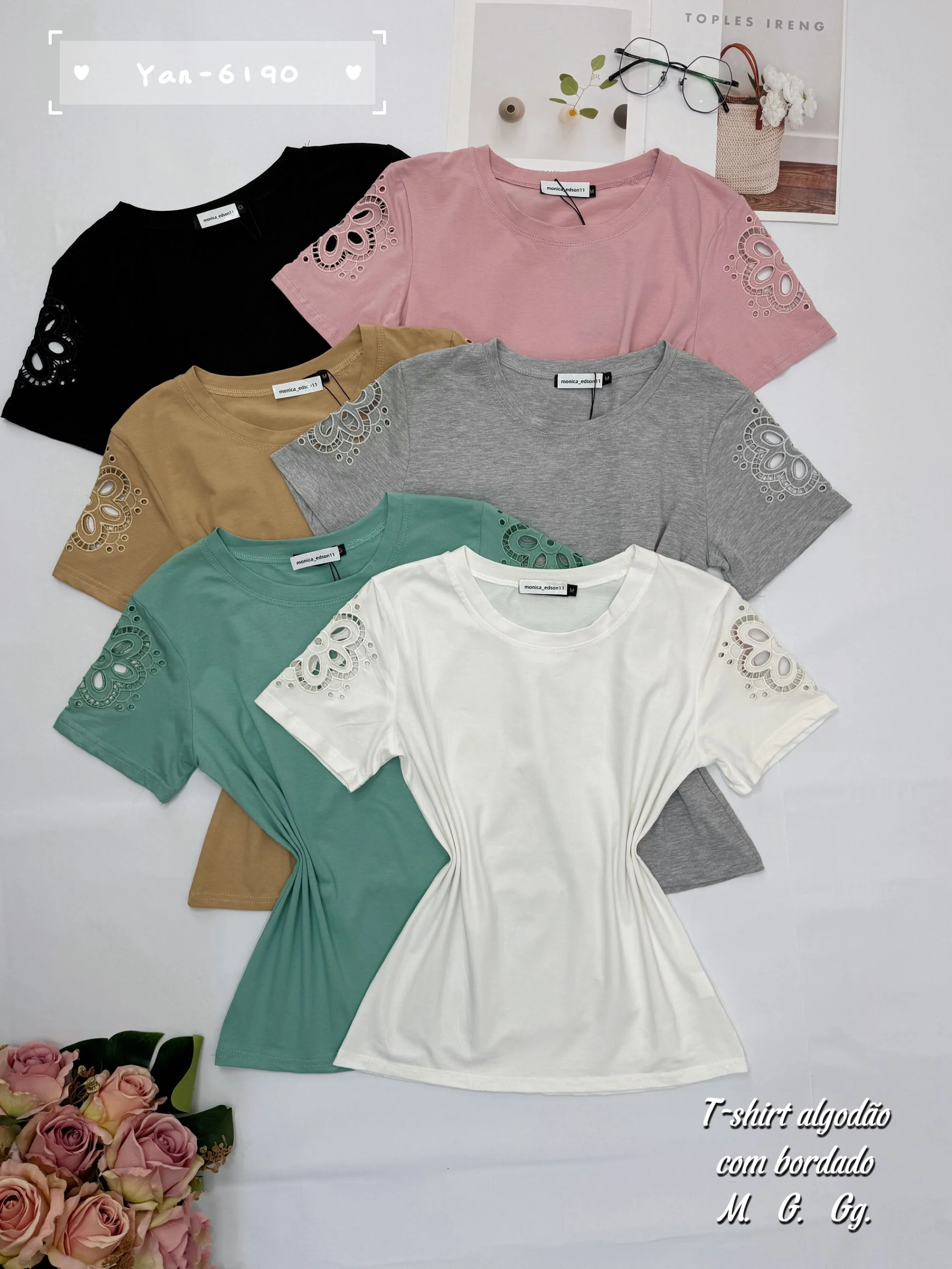 T-shirt algodão com bordado 6190# Yan modas