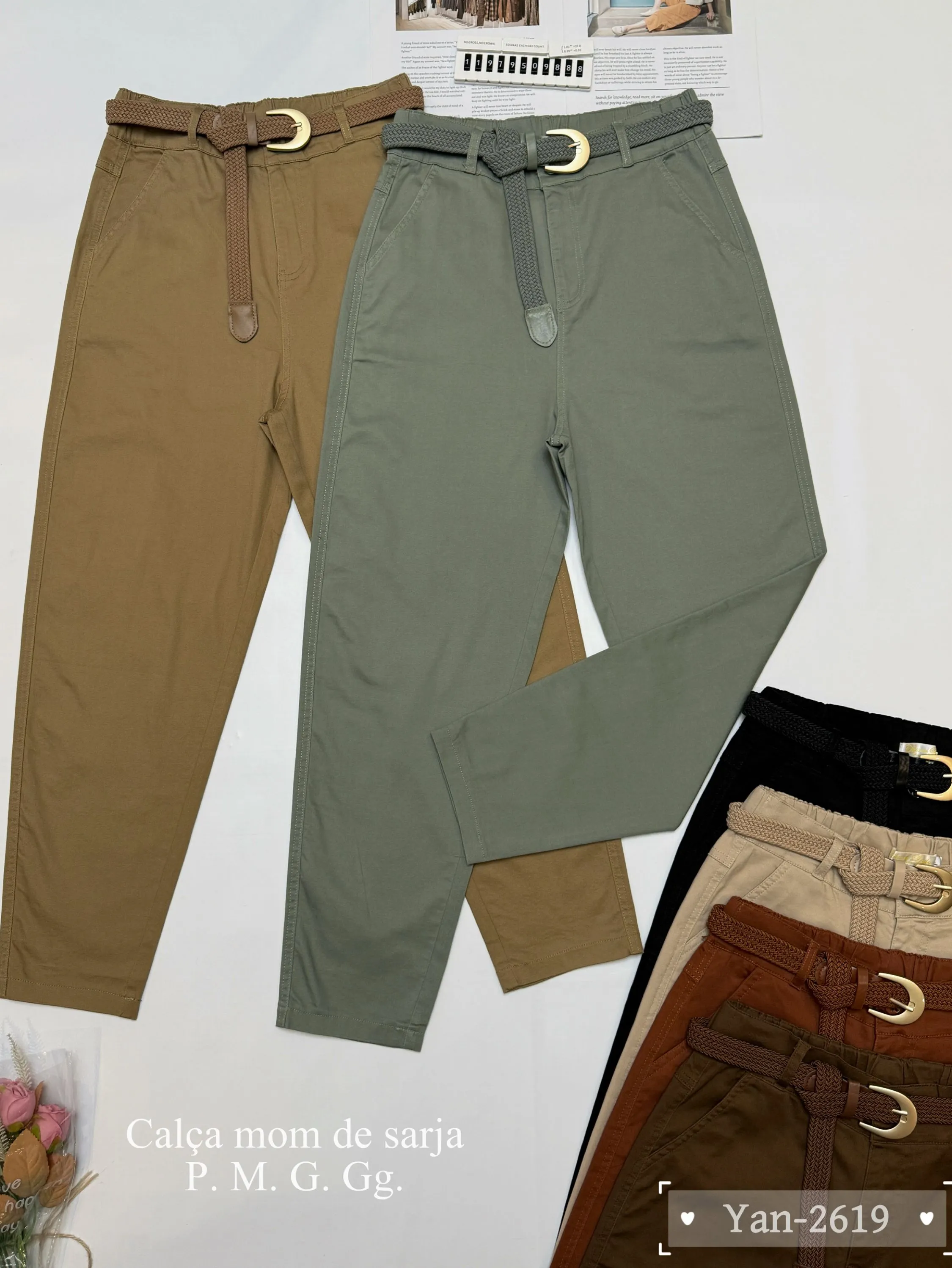 Calça mom de sarja com cinto 2619# Yan modas