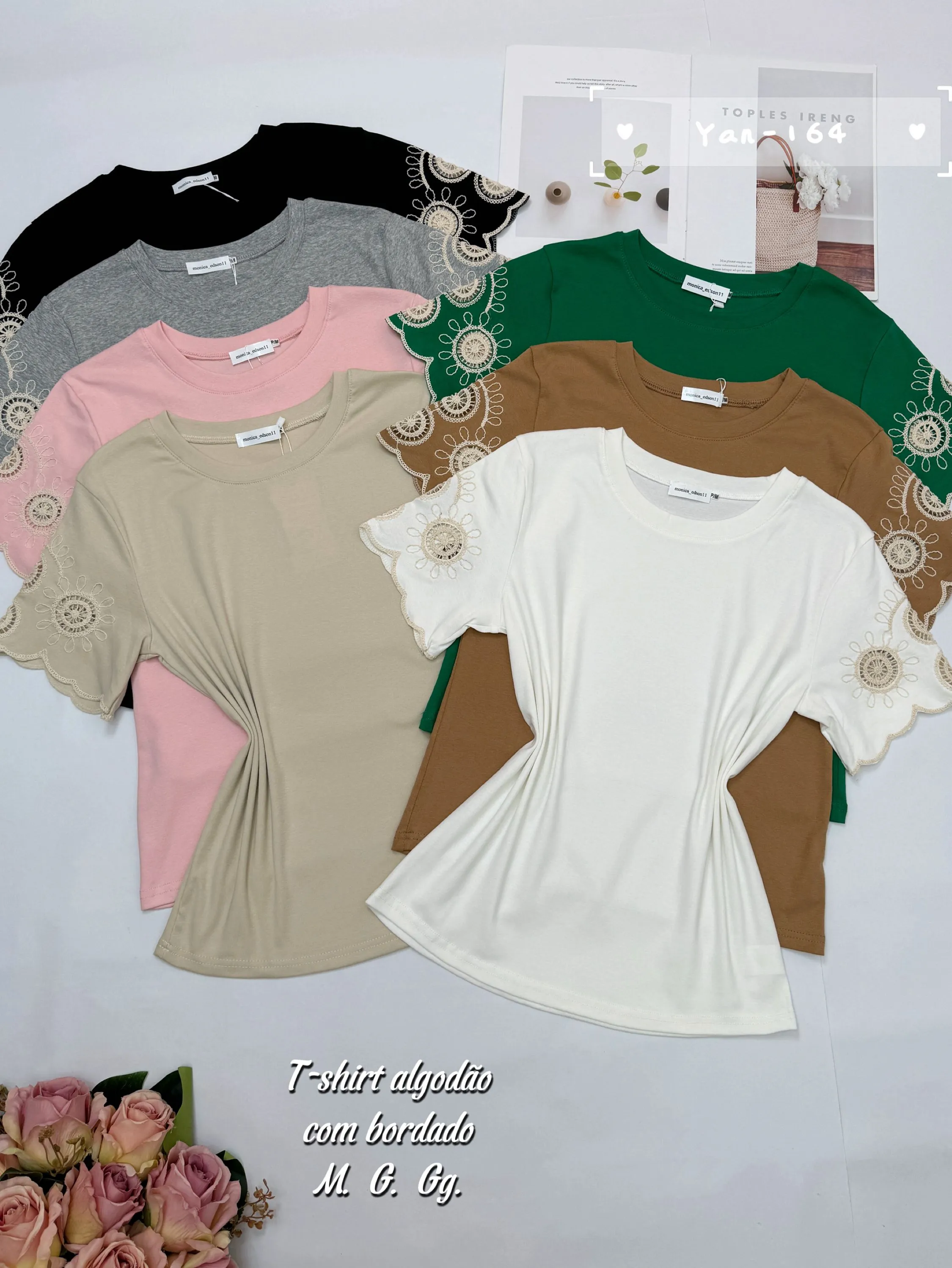 T-shirt algodão com bordado 164# Yan modas