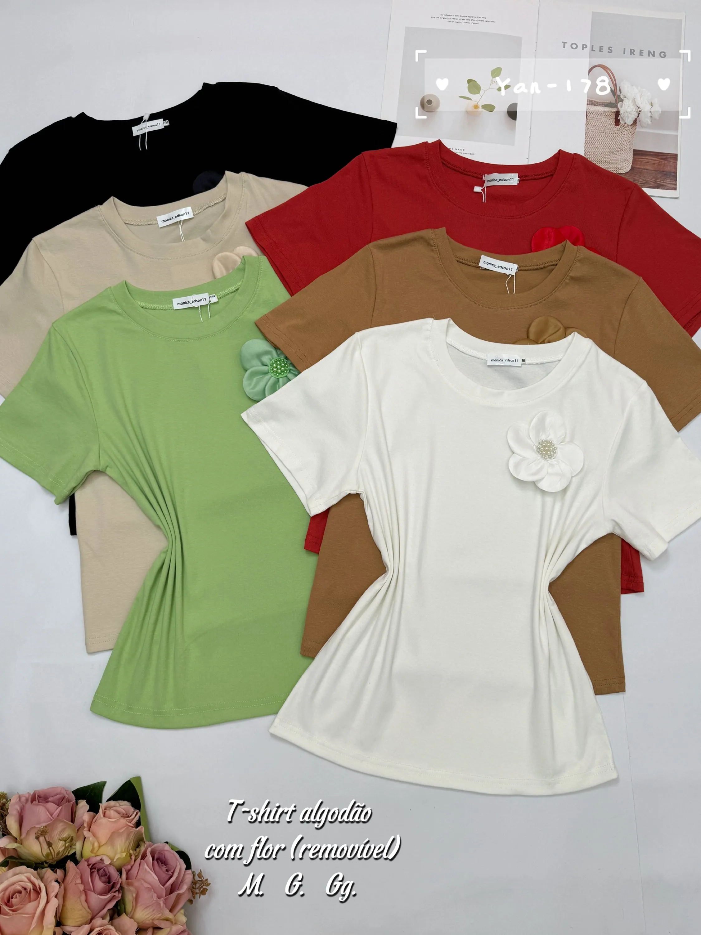 T-shirt algodão com flor (removível) 178# Yan modas