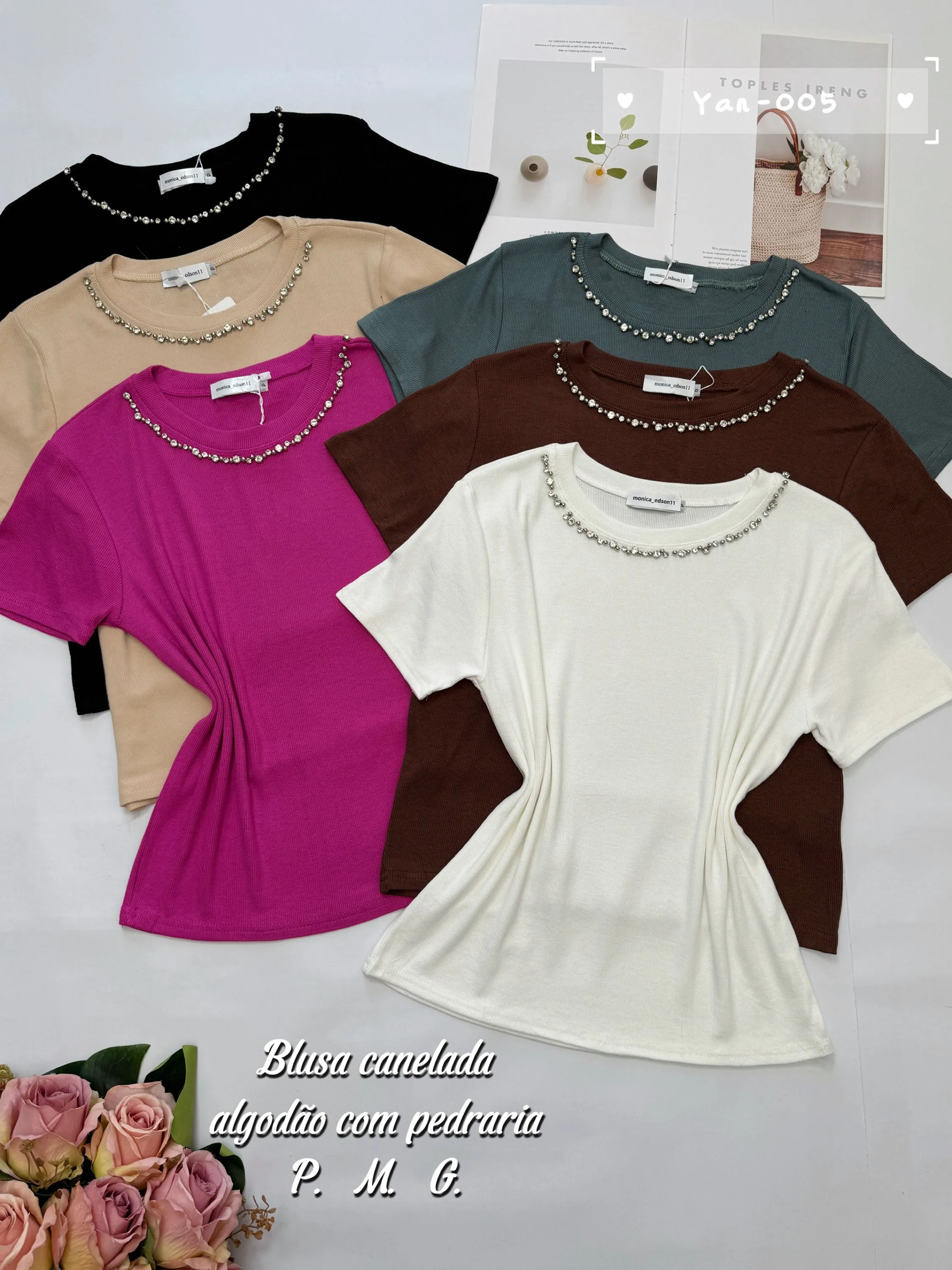 Blusa canelada algodão com pedraria 005# Yan modas