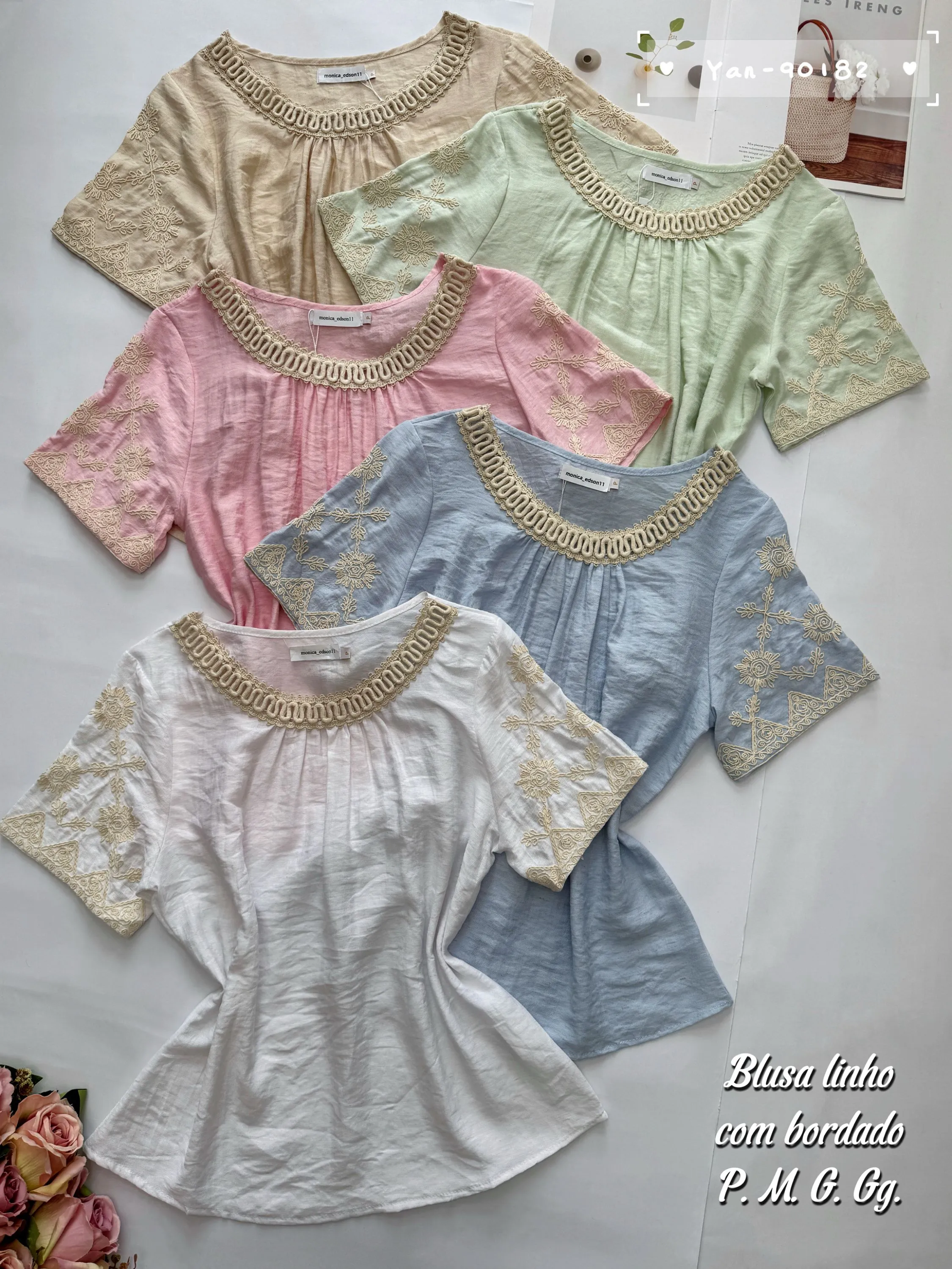 Blusa linho com bordado 90182# Yan modas