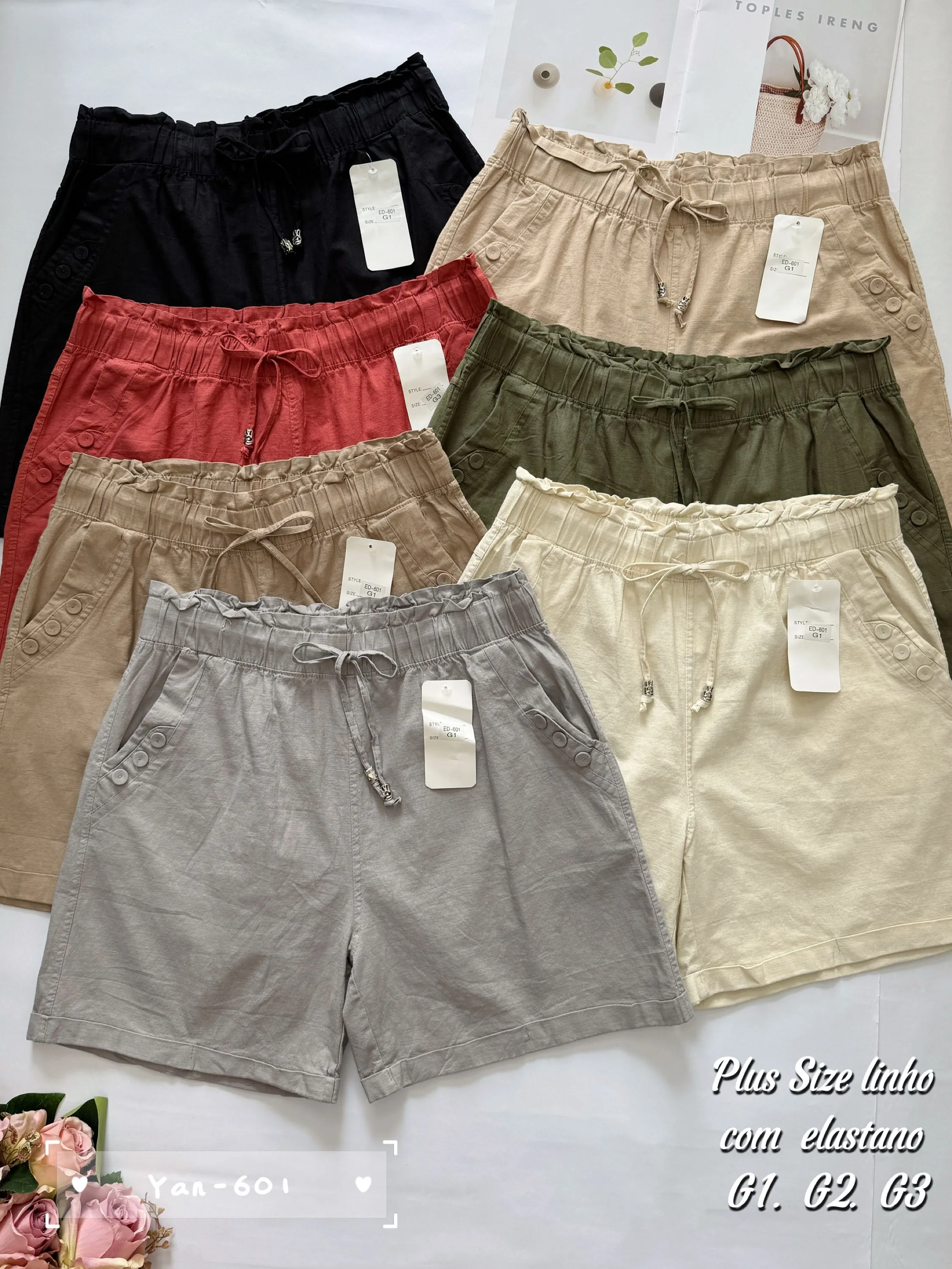 Plus Size short de linho com elastano 601# Yan modas