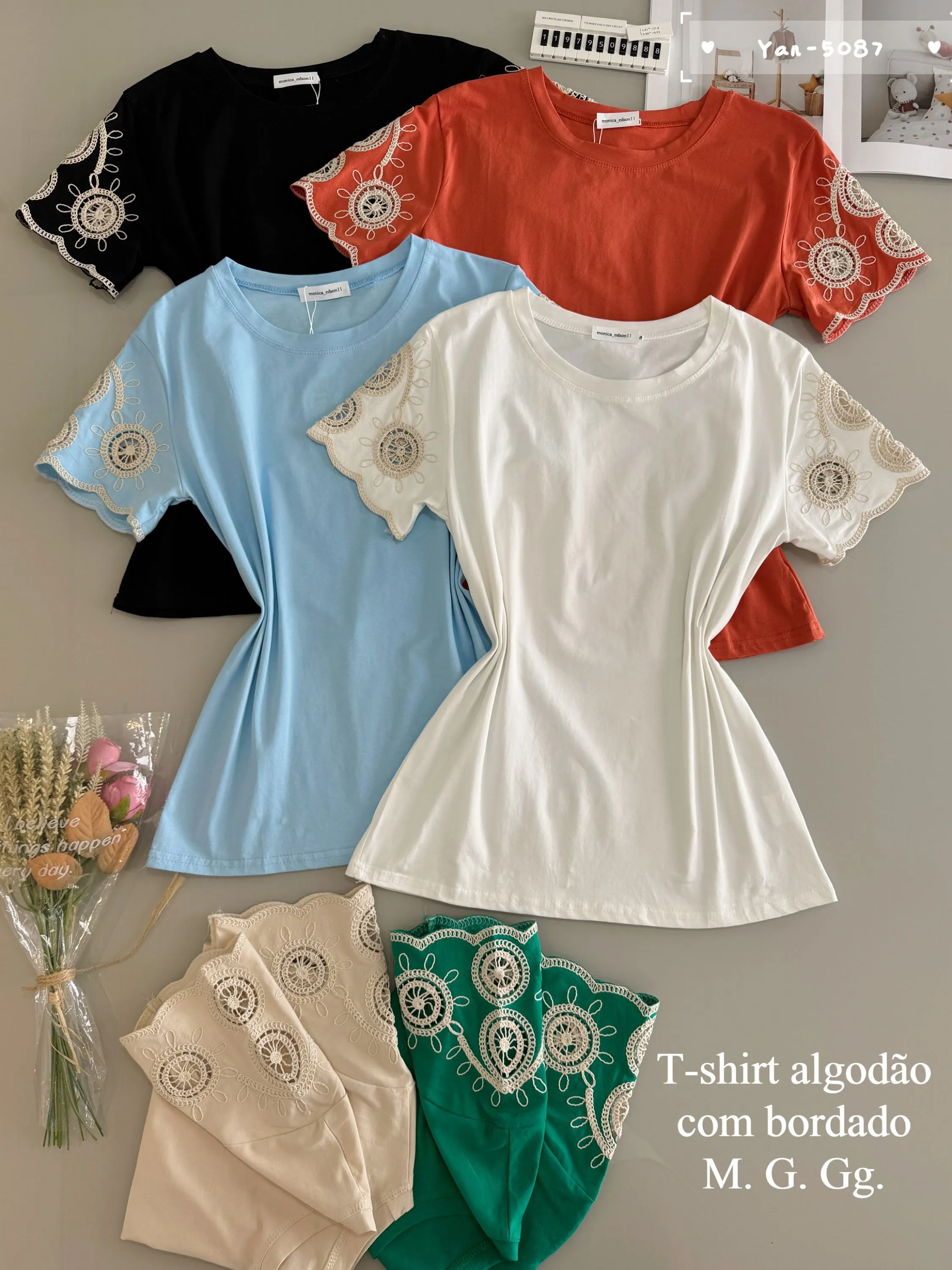 T-shirt algodão com bordado 5087# Yan modas