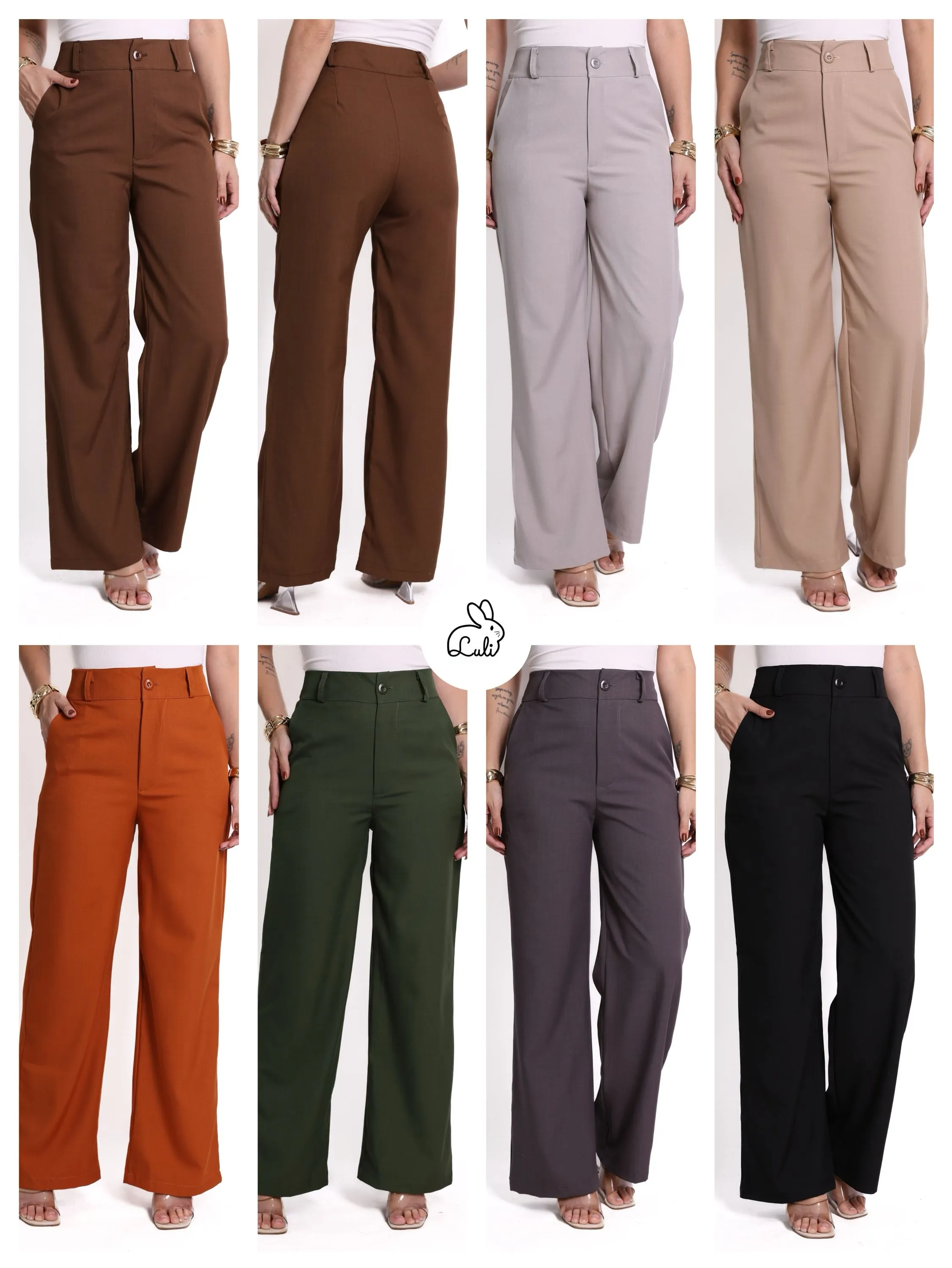 Calça pantalona com botão e bolsos tecido Luis twill