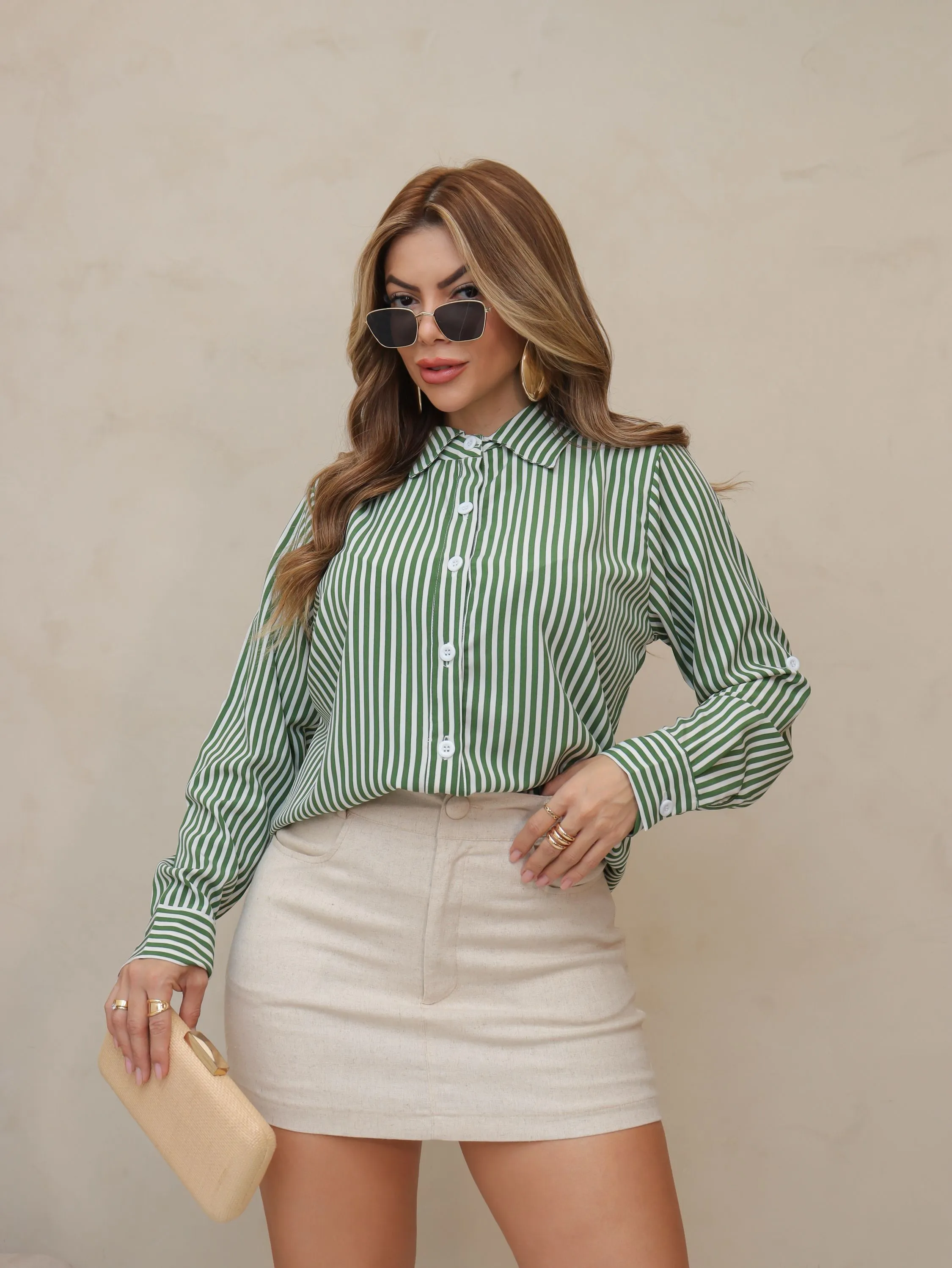 Camisa Feminina Listrada Manga Longa Crepinho